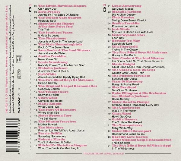CD-Cover mit Titelliste. Zu den Künstlern gehören Elvis Presley, Mahalia Jackson und The Golden Gate Quartet.