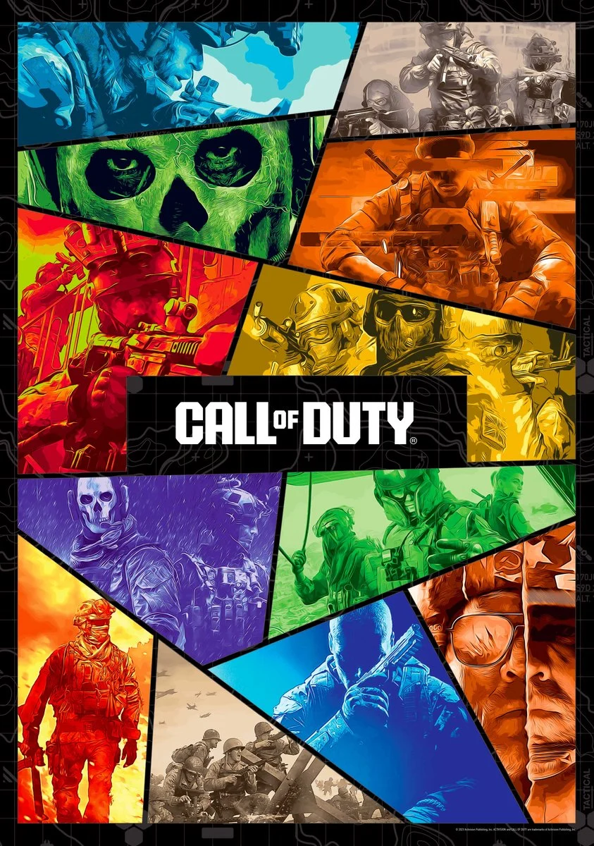 Plakat Call of Duty z żołnierzami w akcji. Zawiera postać w kształcie czaszki i logo gry.