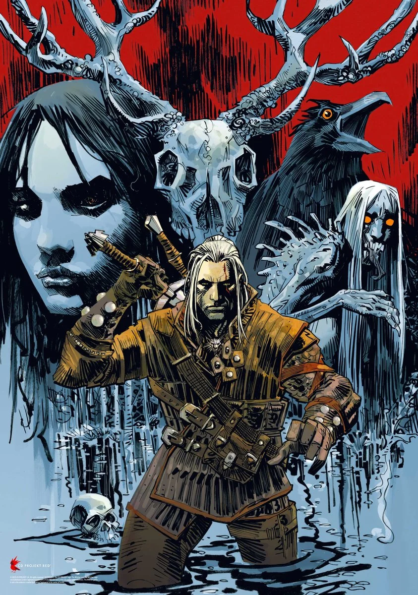 Geralt z Rivii z mieczem. Czaszka, kruk i potwór w tle. Czerwone tło.