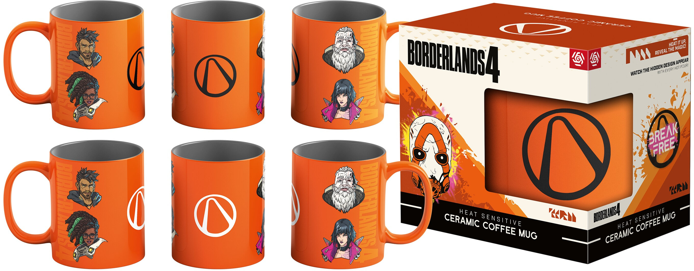 Pomarańczowy zestaw kubków Borderlands 4 i pudełko. Kubki mają grafikę postaci i logo. Pudełko wyświetla logo i szczegóły kubka.