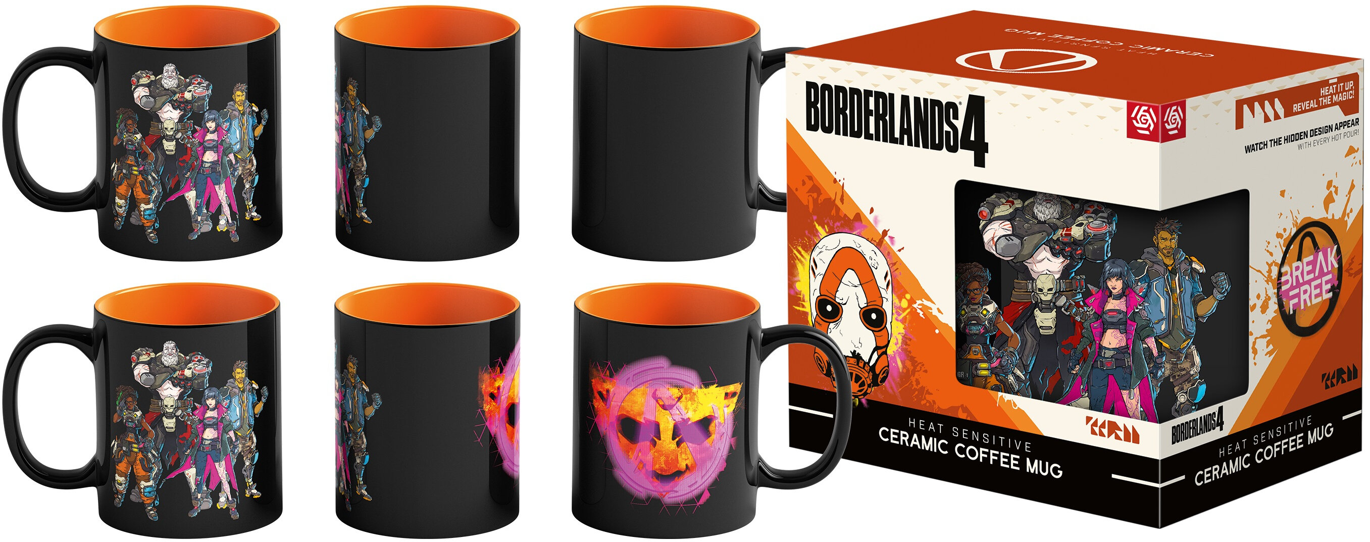 Czarne kubki z pomarańczowym wnętrzem, z postaciami z Borderlands. Pudełko przedstawia logo i postacie z gry.