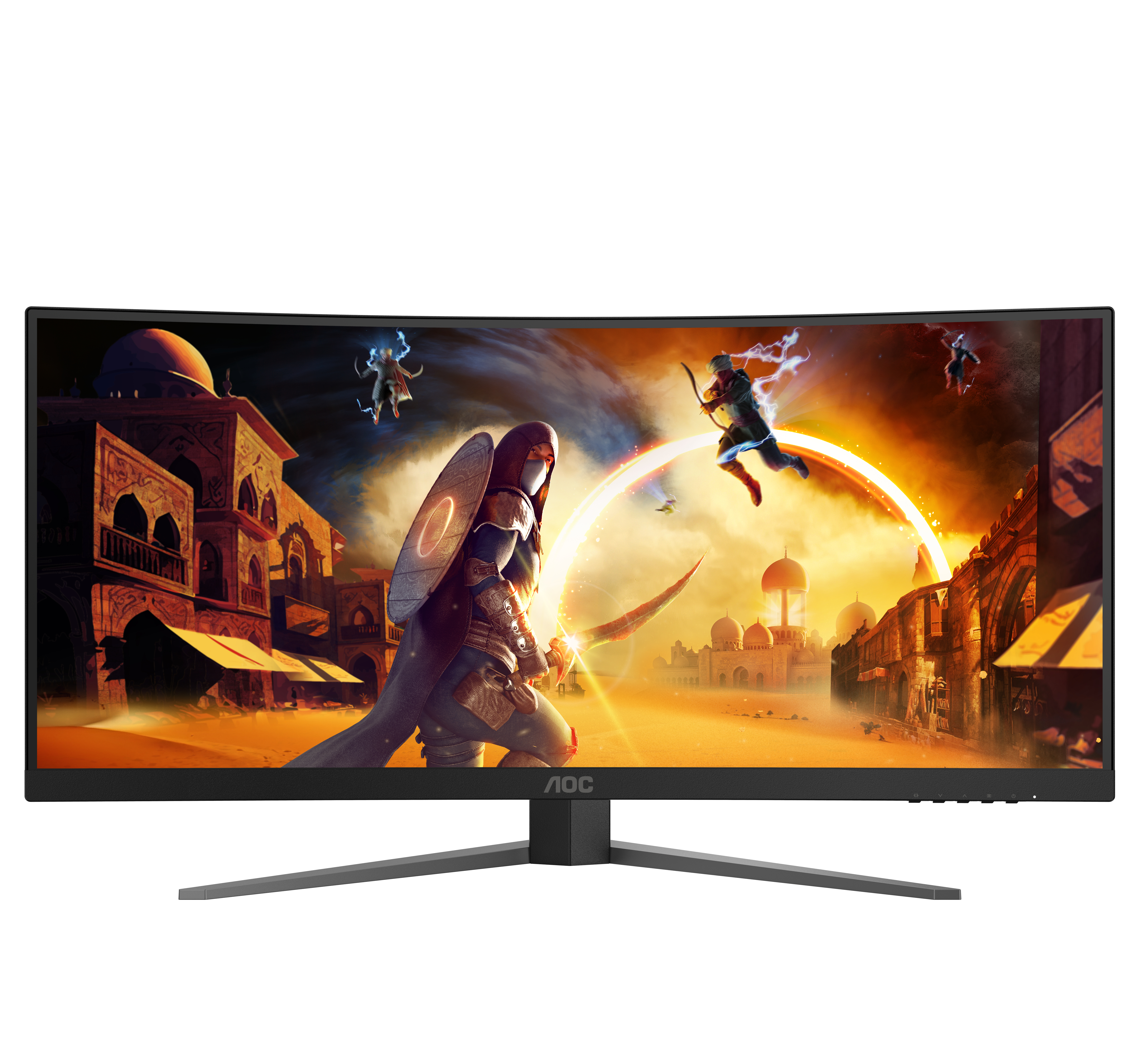 Gekrümmter Monitor zeigt eine Fantasieszene mit Kriegern und Gebäuden. Der Monitor steht auf einem dunklen Ständer.