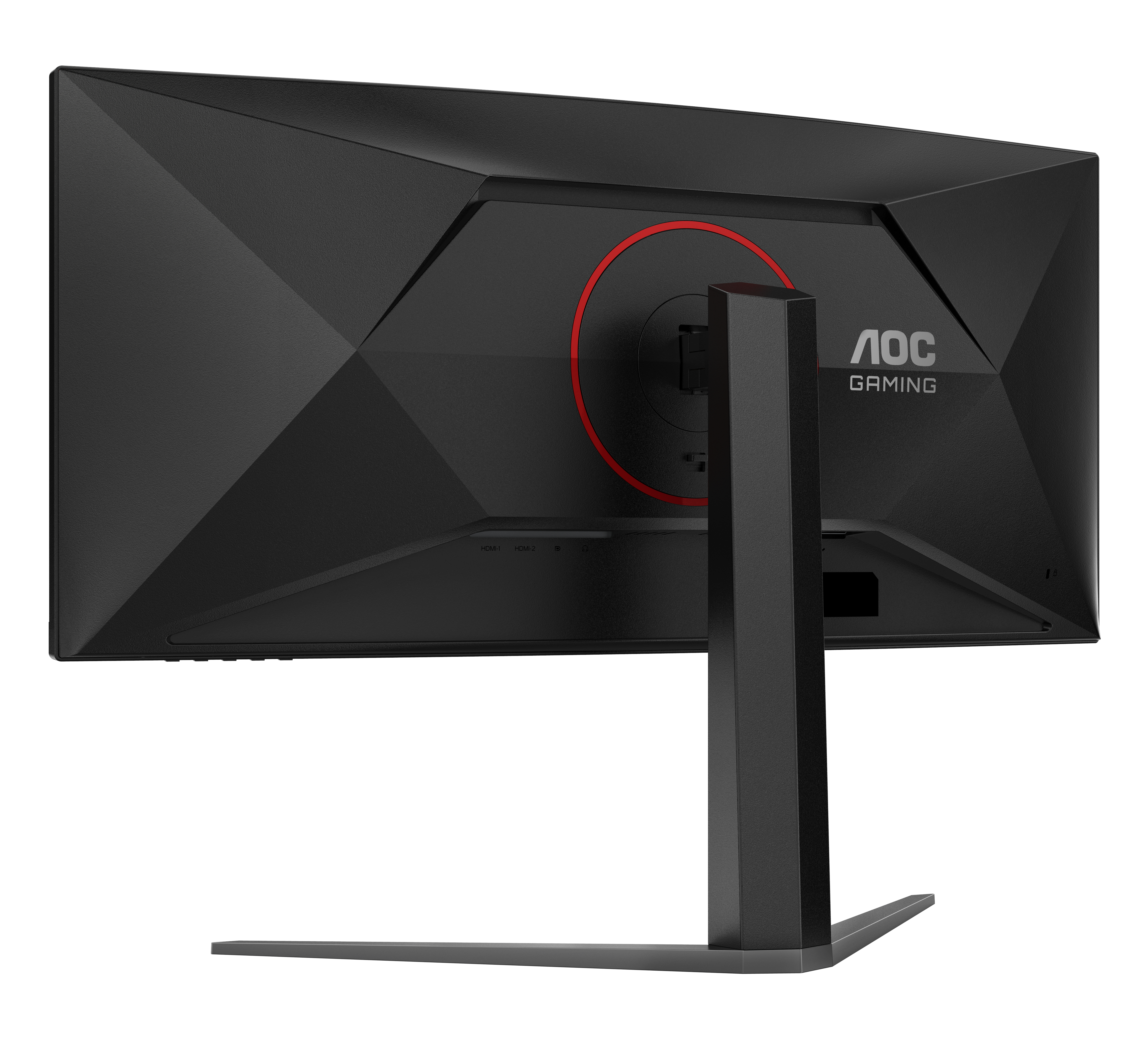 Rückansicht eines schwarzen AOC-Gaming-Monitors. Ein roter Kreis umgibt die Halterung. Der Ständer ist schwarz.