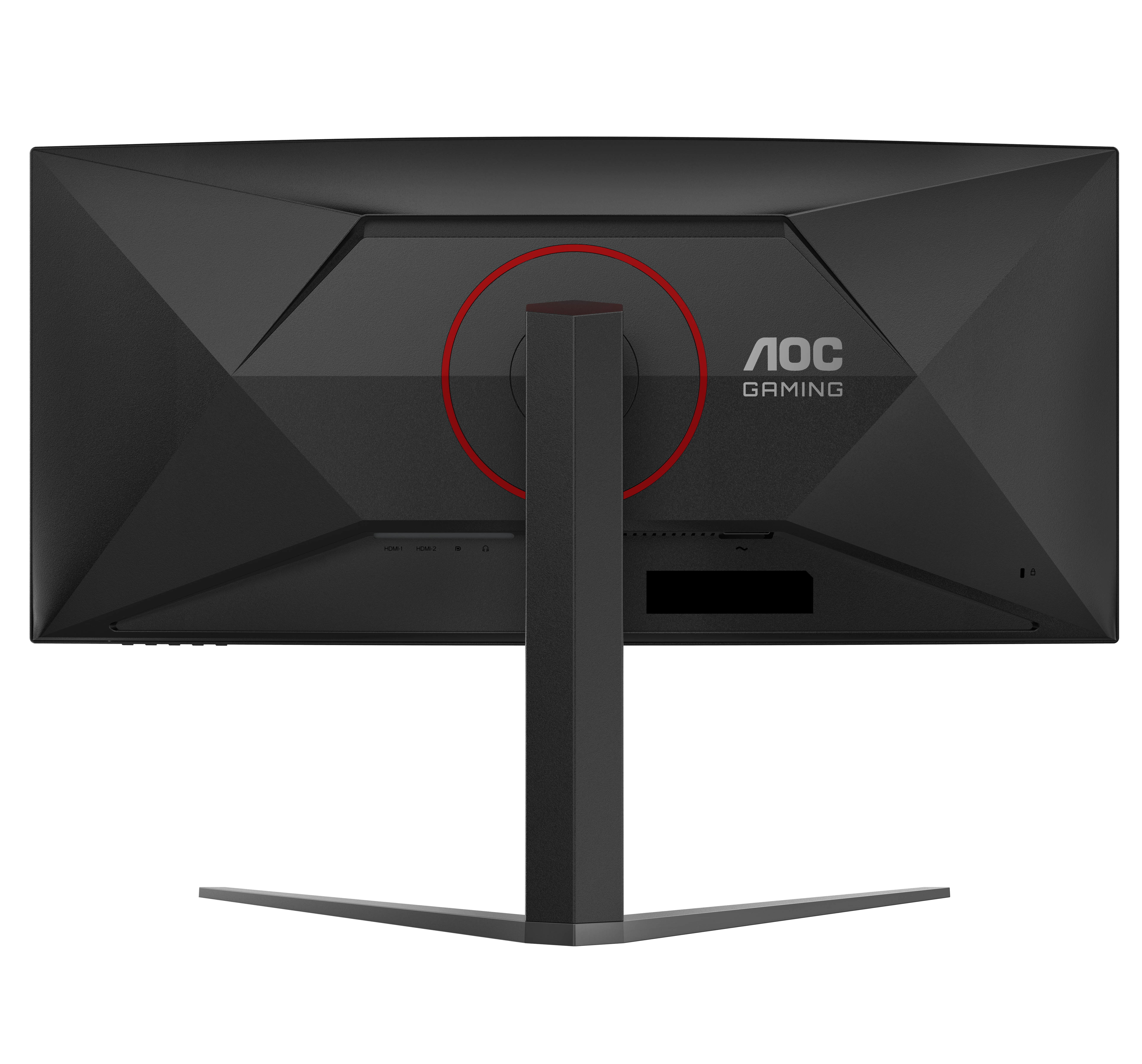 Rückansicht eines schwarzen AOC-Gaming-Monitors. Er hat ein rotes Kreisdetail und einen Standfuß. Der Markenname ist sichtbar.