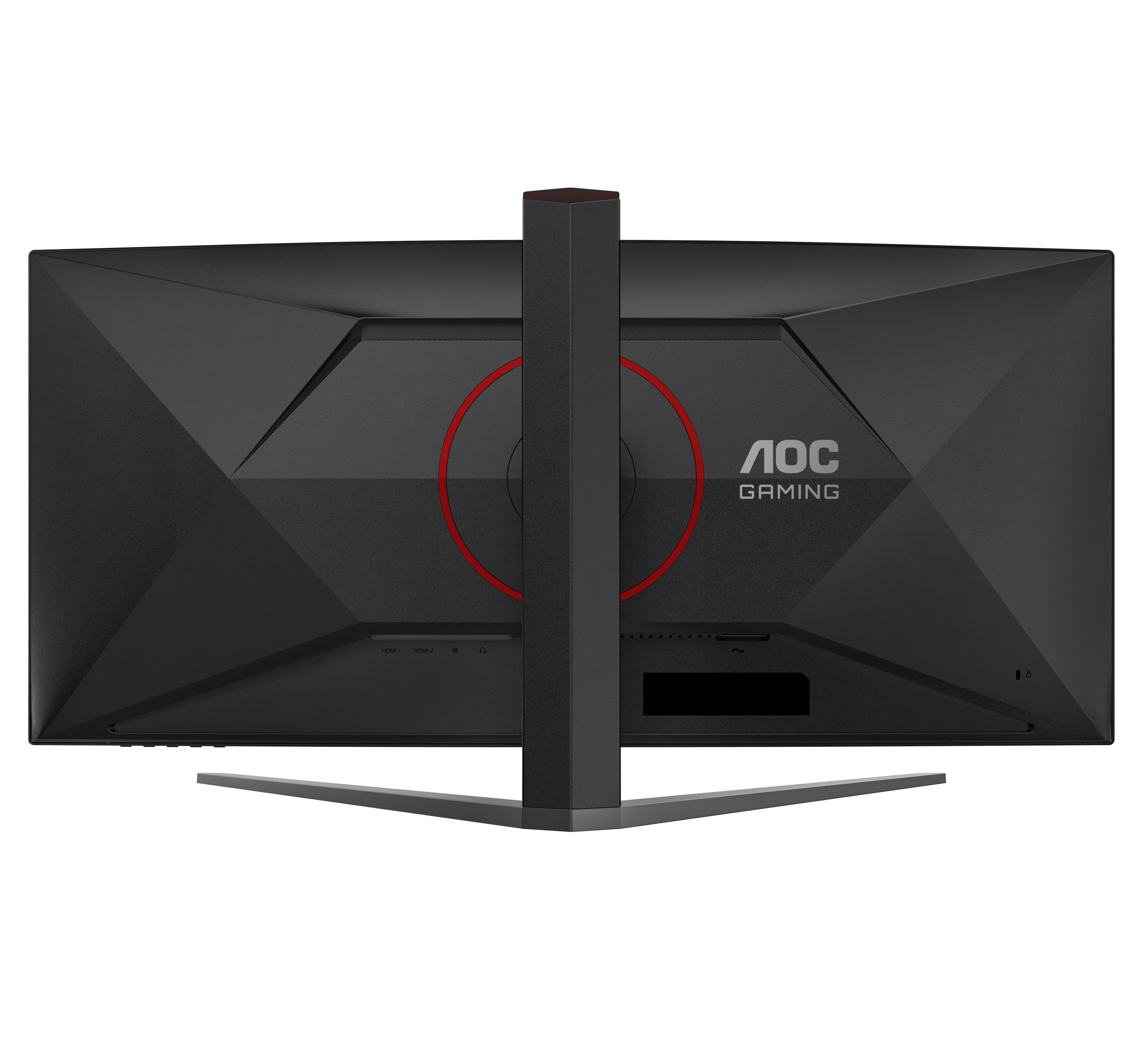 Rückseite eines schwarzen Computermonitors mit rotem Ring, AOC Gaming Logo, Anschlüssen und Ständer.