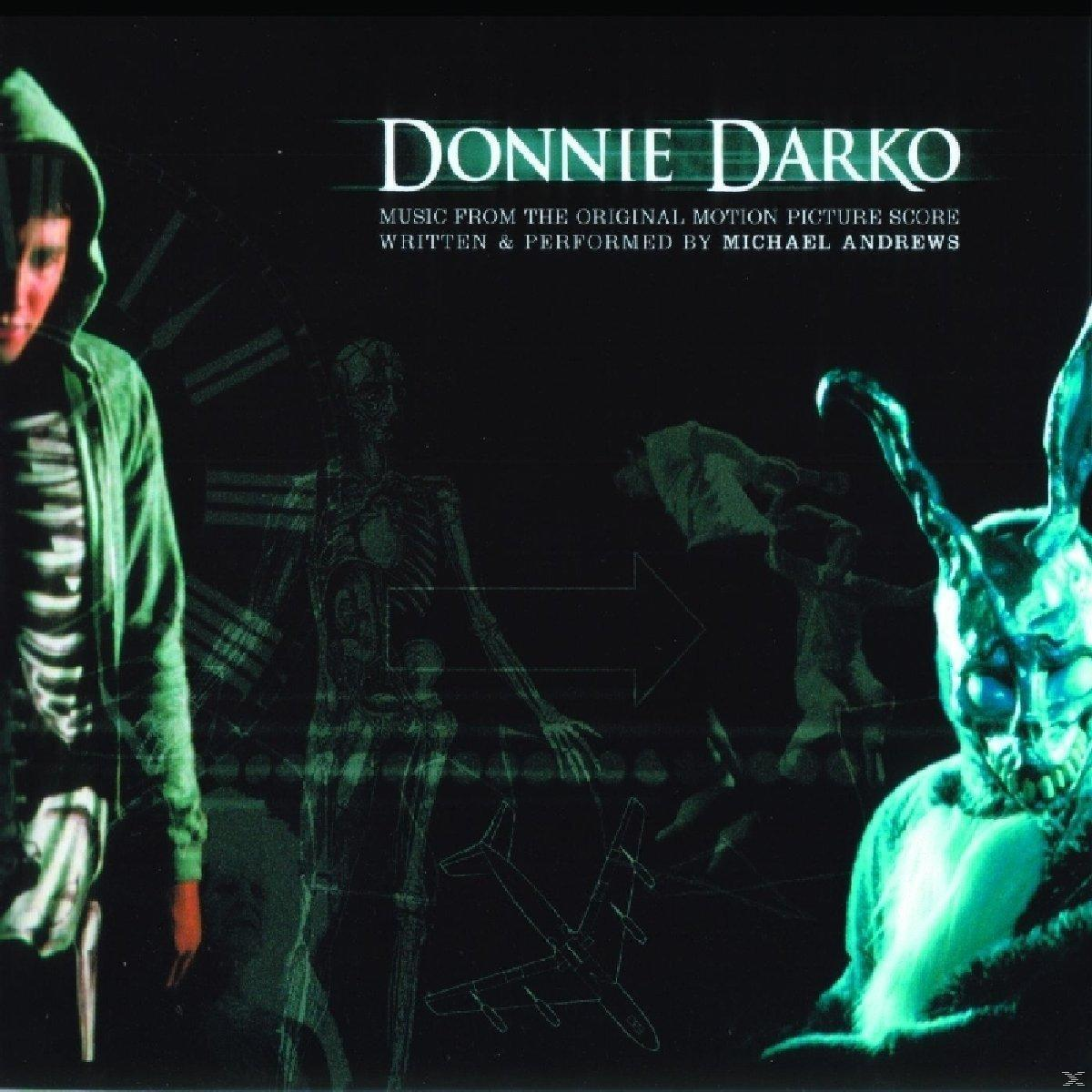 A Donnie Darko album borítója. Zöld kapucnis pulóveres személyt, csontváz figurát, nyúlmaszkot és szöveget ábrázol.