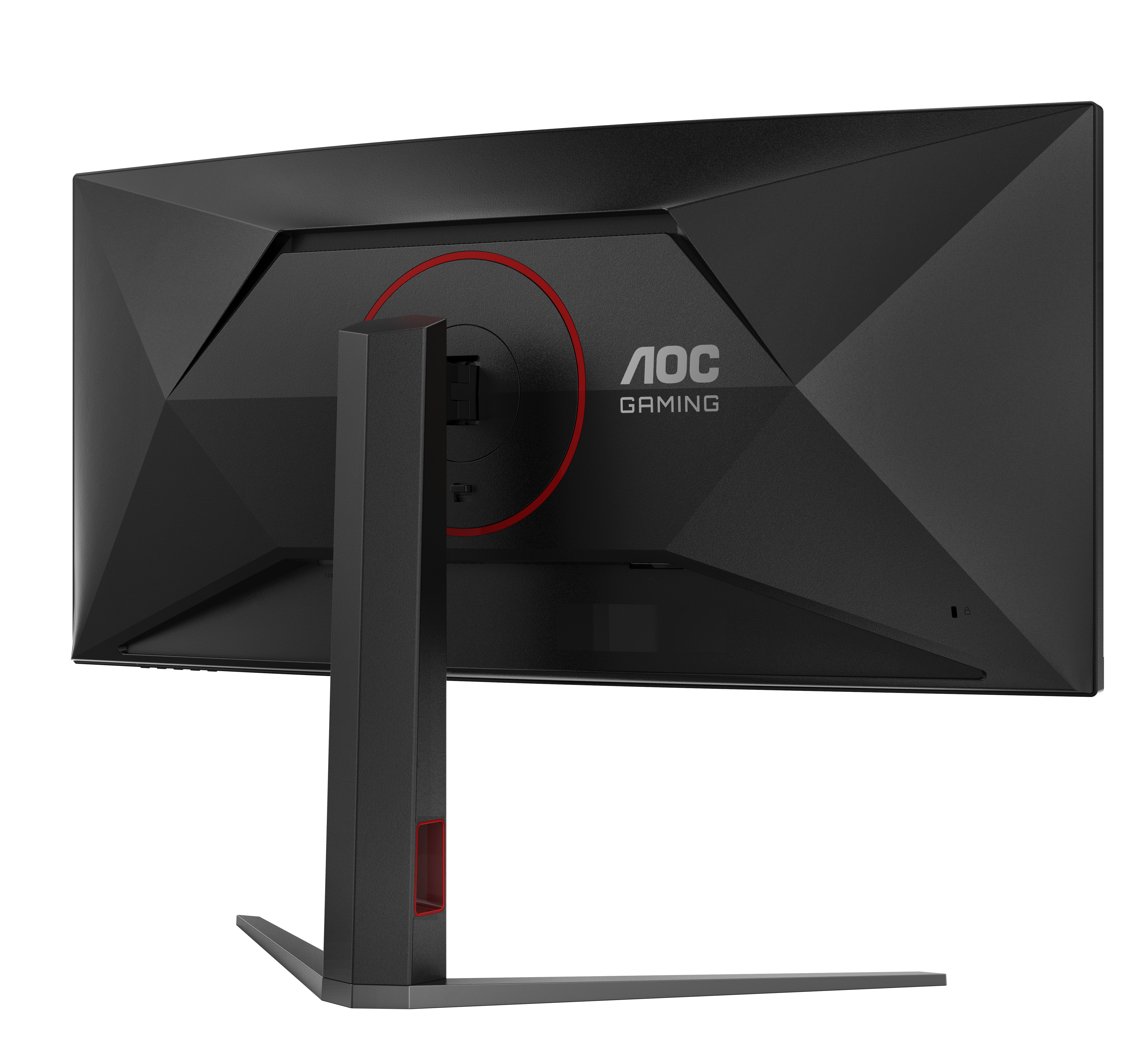 Schwarzer AOC-Gaming-Monitor. Die Rückseite hat ein geometrisches Design mit rotem Kreis. Der Ständer ist schwarz und grau.