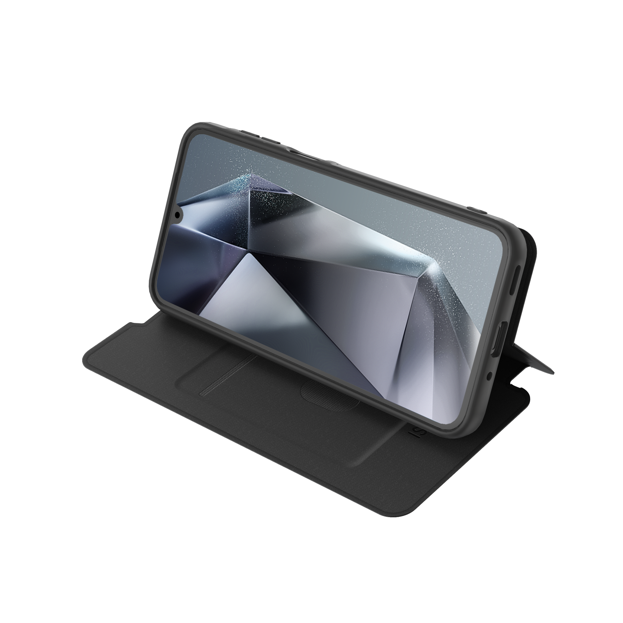 Schwarzes Telefon in einer Hülle, offen auf weißem Hintergrund. Der Telefonbildschirm zeigt abstrakte geometrische Formen.