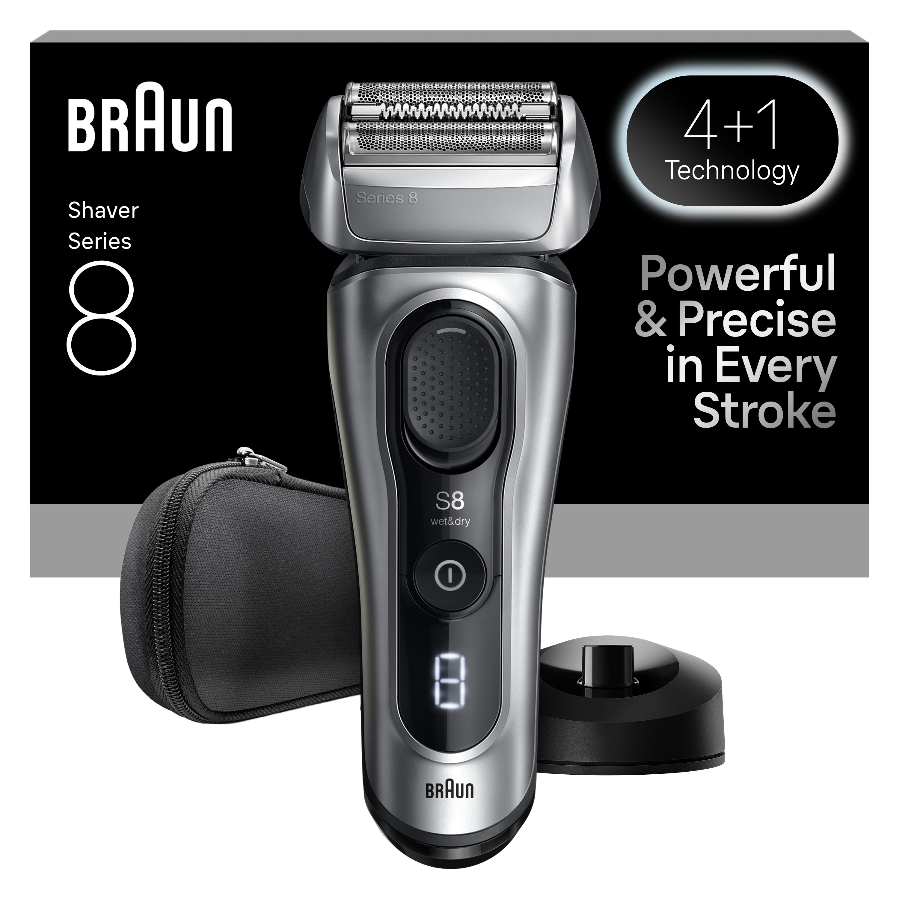 Bir Braun Series 8 elektrikli tıraş makinesi, şarj standı ve seyahat çantası. Metinde 'Her Vuruşta Güçlü ve Hassas' yazmaktadır.