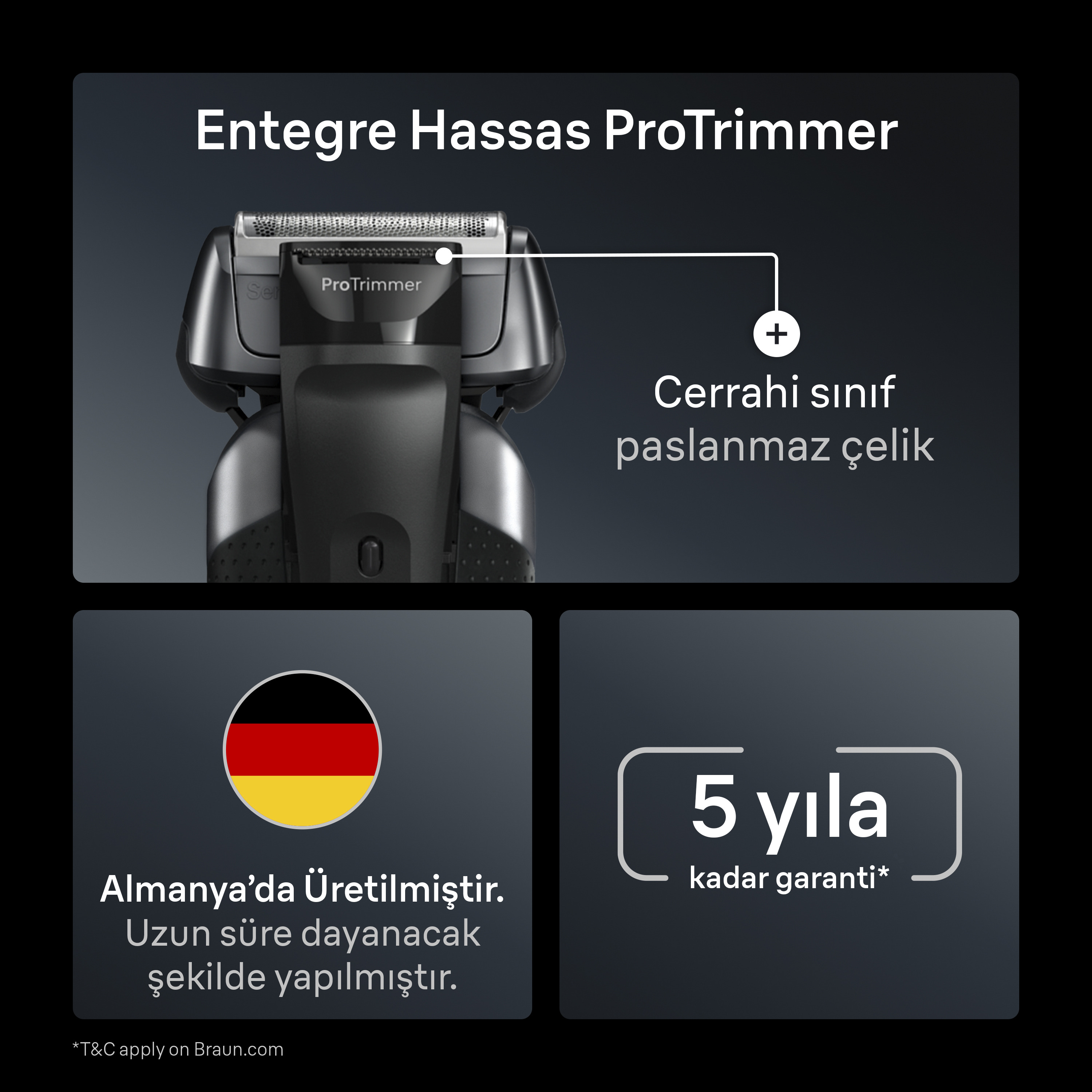 Bir ProTrimmer reklamı. Ürünü, Alman bayrağını ve 5 yıllık garanti talebini gösterir.