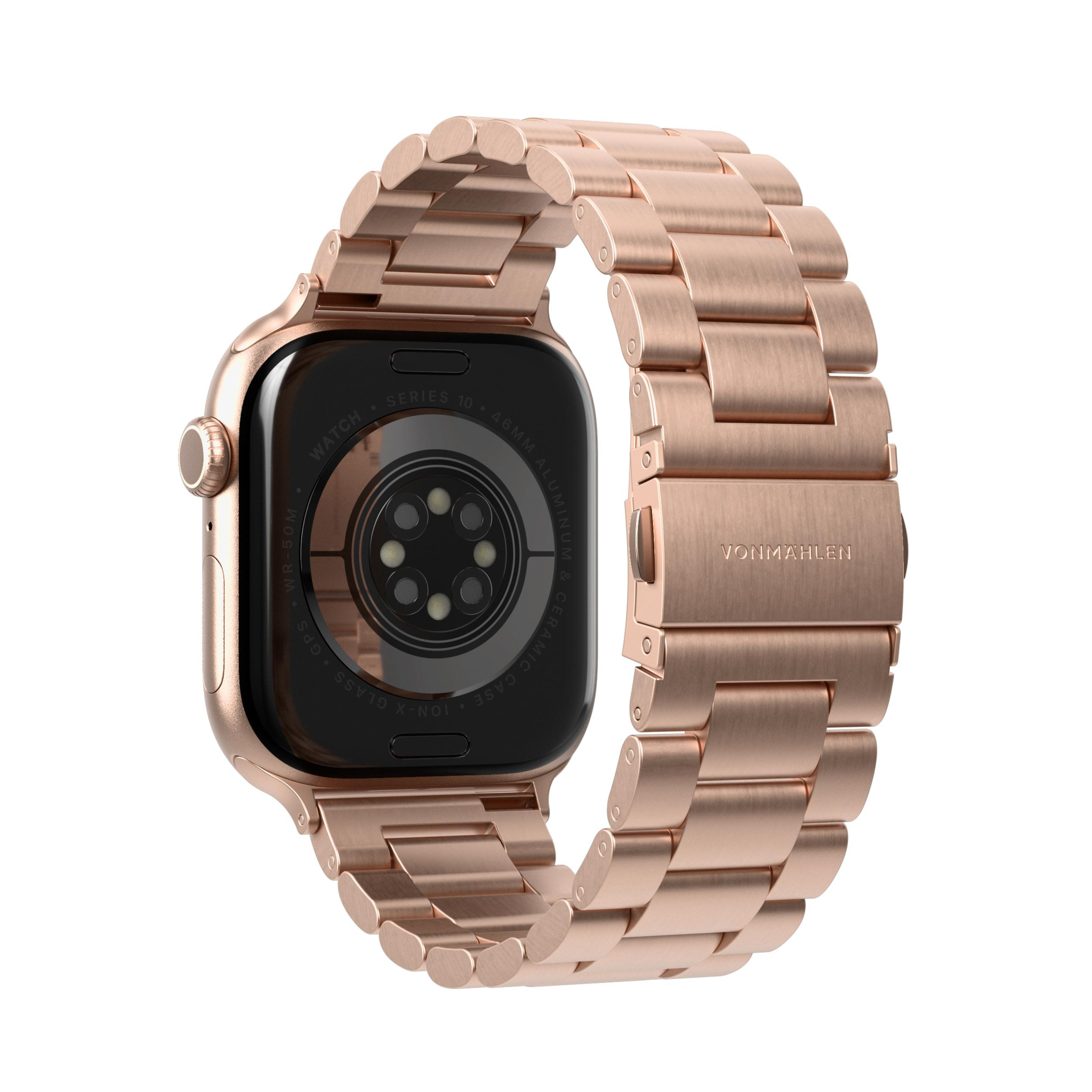 Roségoldene Apple Watch mit passendem Metallarmband, Rückseite der Uhr und Details des Armbands.