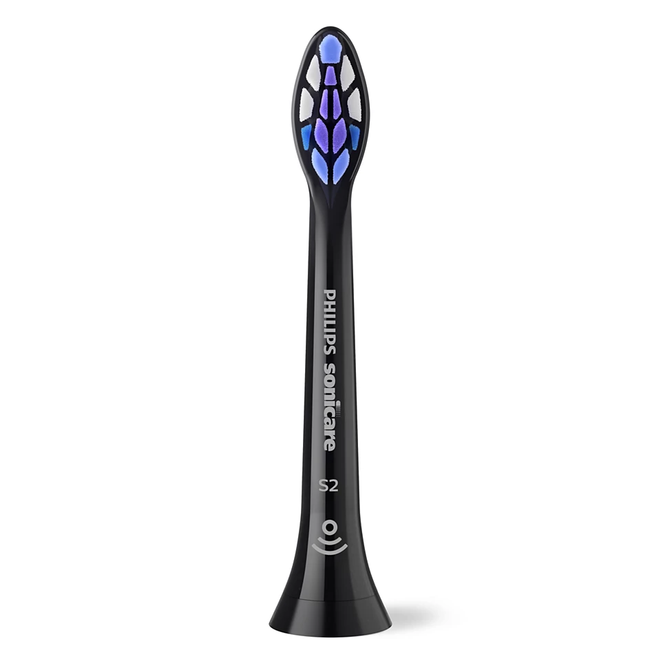 Ein schwarzer Philips Sonicare-Zahnbürstenkopf. Der Bürstenkopf hat blaue und weiße Borsten. Die Basis ist schwarz mit Sonicare-Branding.