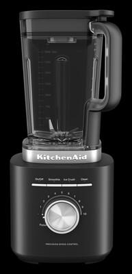 Schwarzer KitchenAid-Blender. Er hat einen transparenten Behälter, einen Drehknopf und Tasten für verschiedene Funktionen wie Smoothie und Ice Crush.