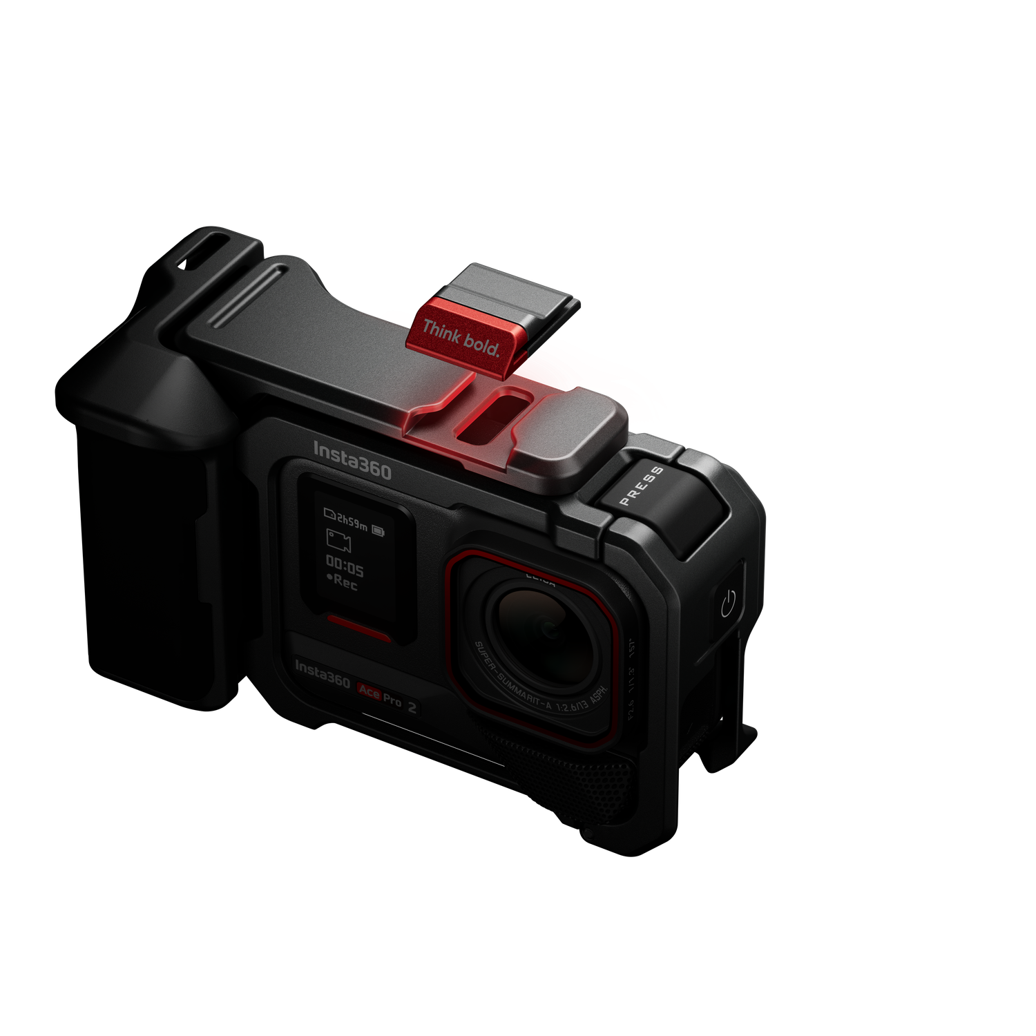 Caméra Insta360 Ace Pro 2 noire et rouge sur fond noir. Elle possède un objectif, un écran et des boutons. Le texte dit 'Think bold'.