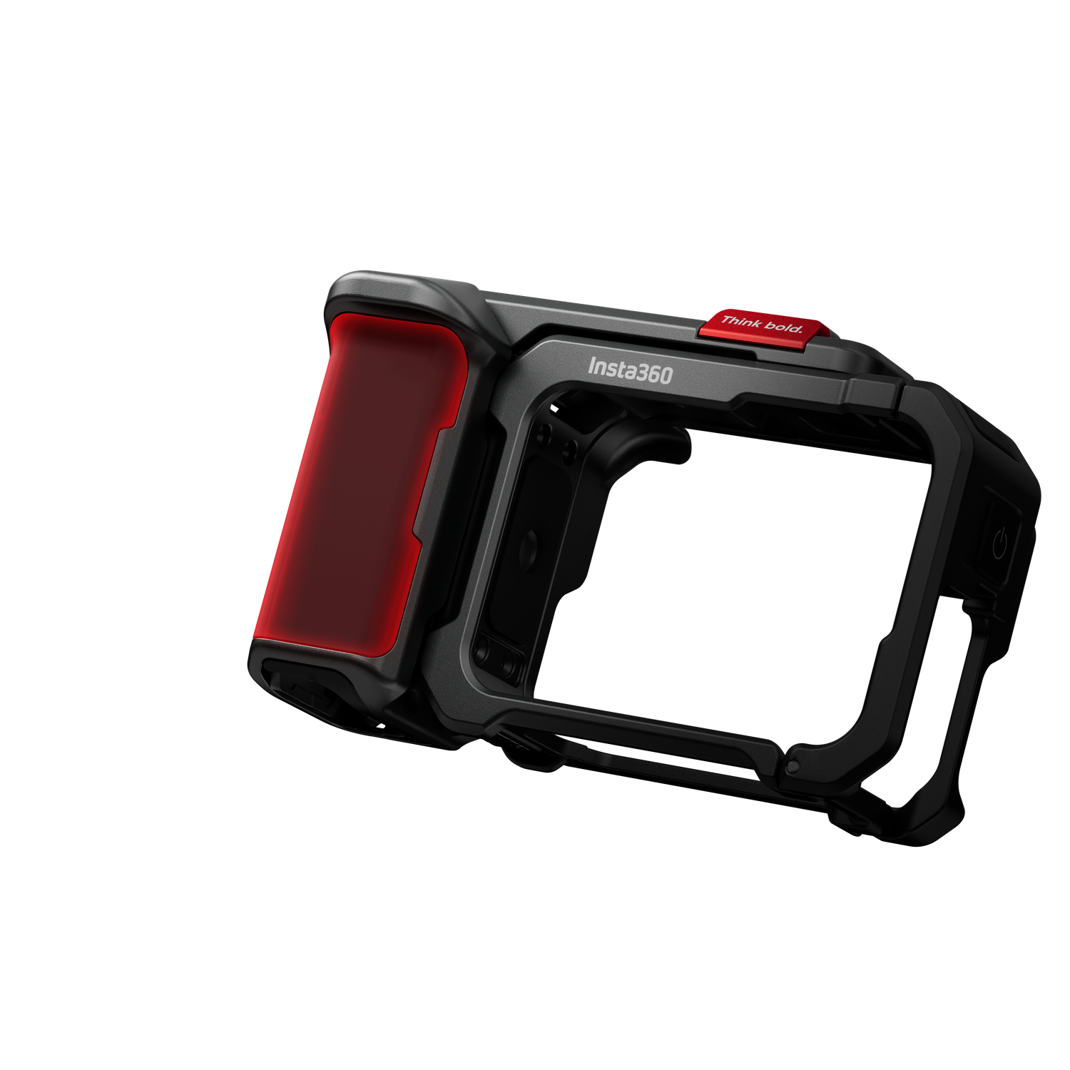 Cage de caméra noire et grise avec des accents rouges. Elle a un bouton rouge avec le texte 'Think bold' et le logo Insta360.
