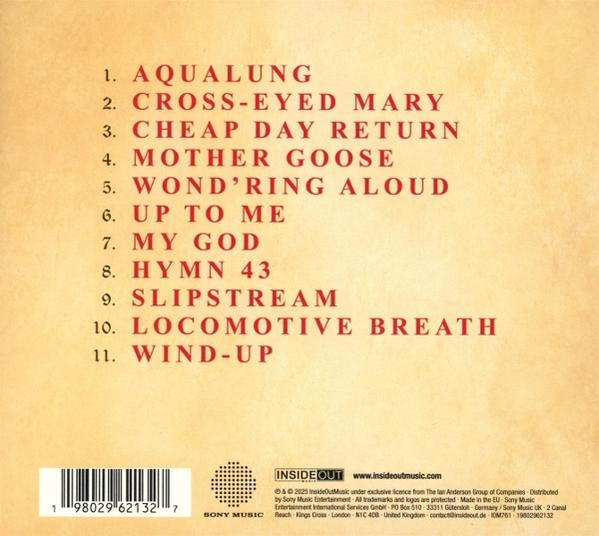Albumcover mit Titelliste: Aqualung, Cross-Eyed Mary, Cheap Day Return, Mother Goose usw. Unten befinden sich ein Barcode und Text.