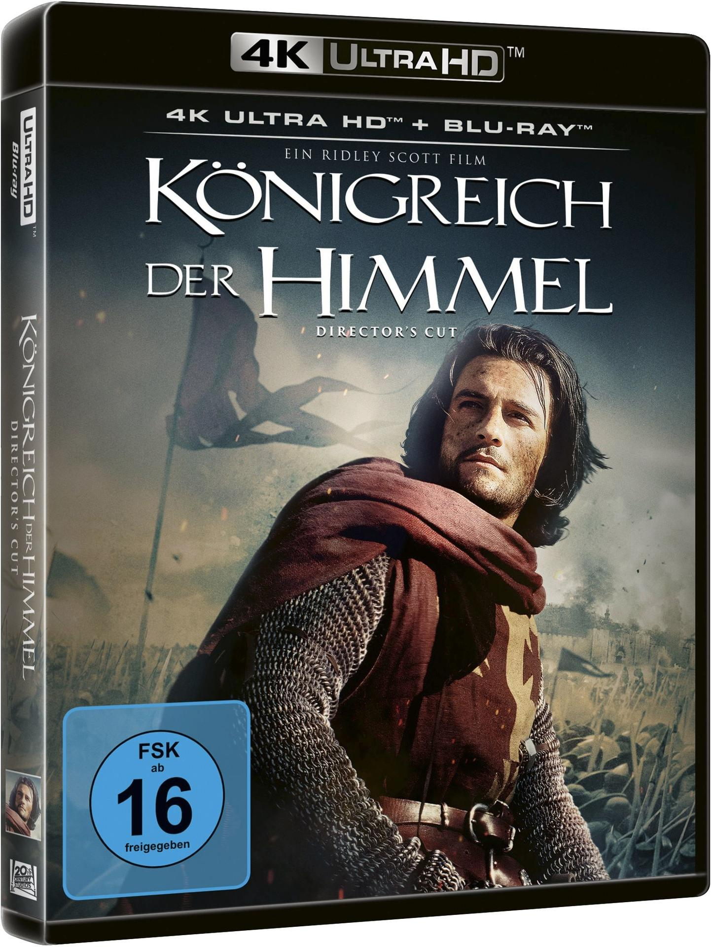Filmcover. Mann in Rüstung, Titel 'Königreich der Himmel'. Blu-ray-Logo. FSK 16-Aufkleber. 4K Ultra HD.