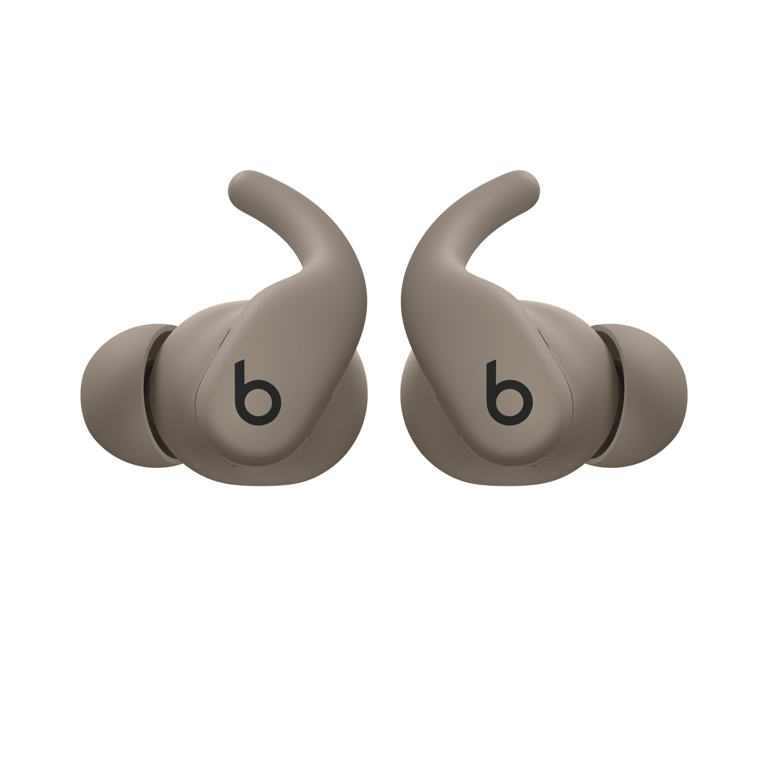 Two taupe-colored earbuds are displayed against a white background. Each features a 'b' logo. The design includes ear hooks for secure fit.