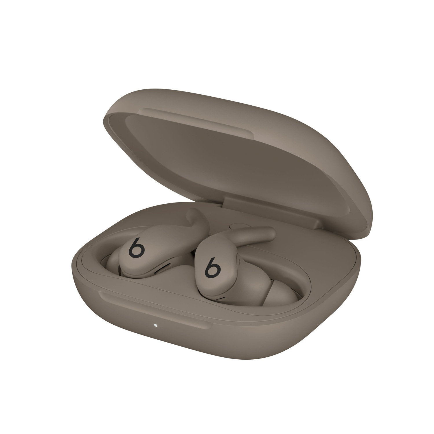 Beats Studio Buds in a brown open case. The earbuds are inside the case, showing the 'b' logo.