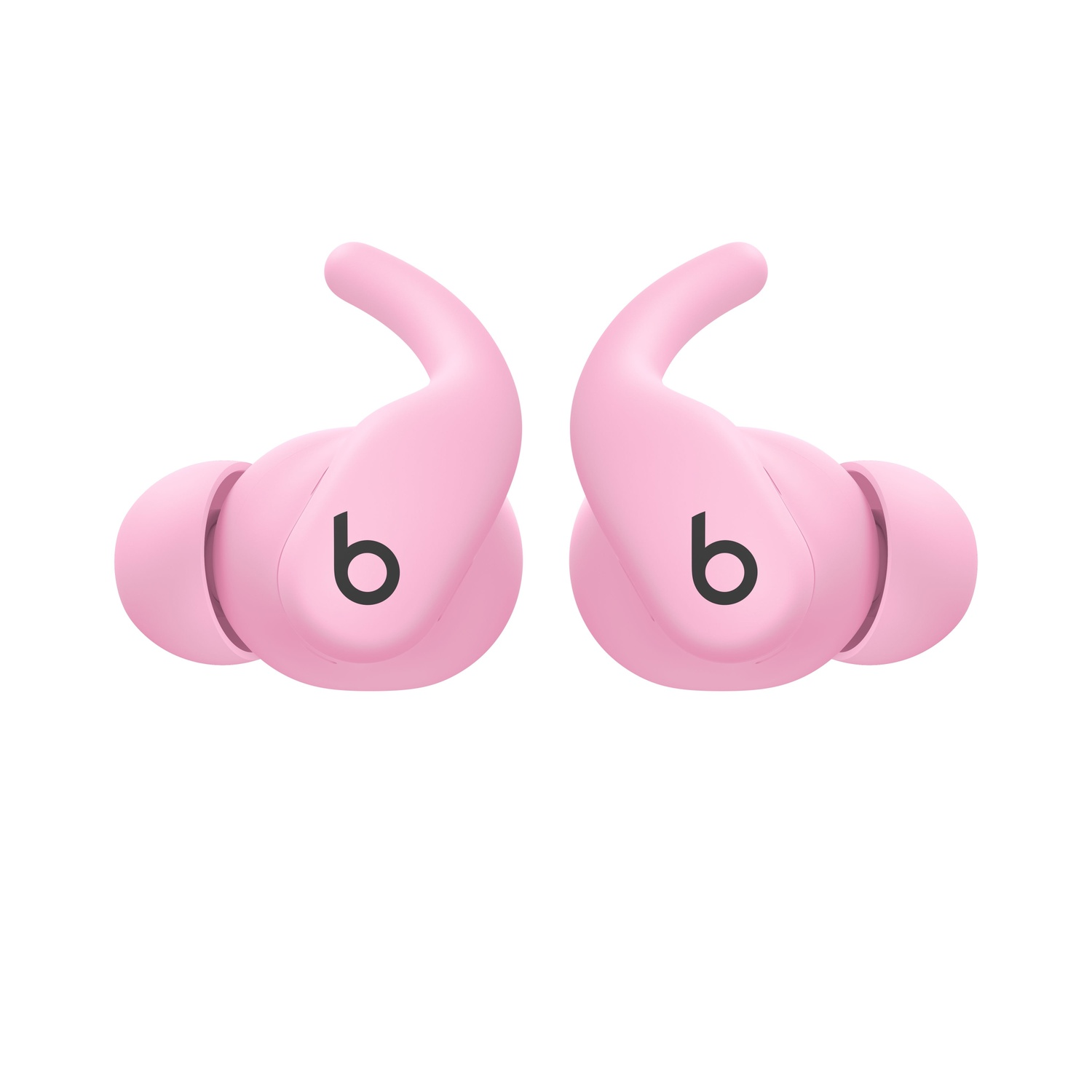 Deux écouteurs Beats roses, isolés sur blanc. Chacun a un logo 'b' et un crochet d'oreille incurvé pour un maintien sûr.