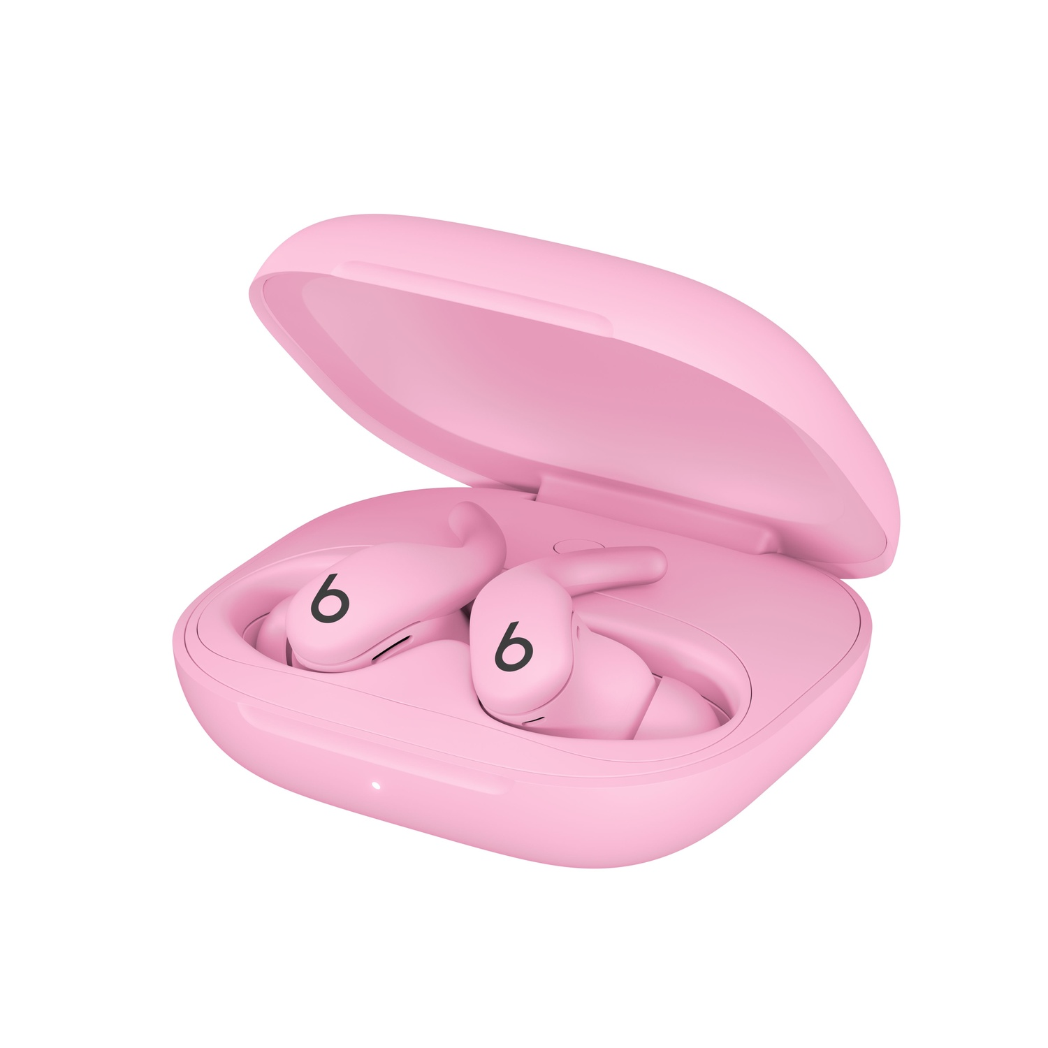 Écouteurs Beats roses dans un étui rose ouvert. Les écouteurs portent le chiffre 6.