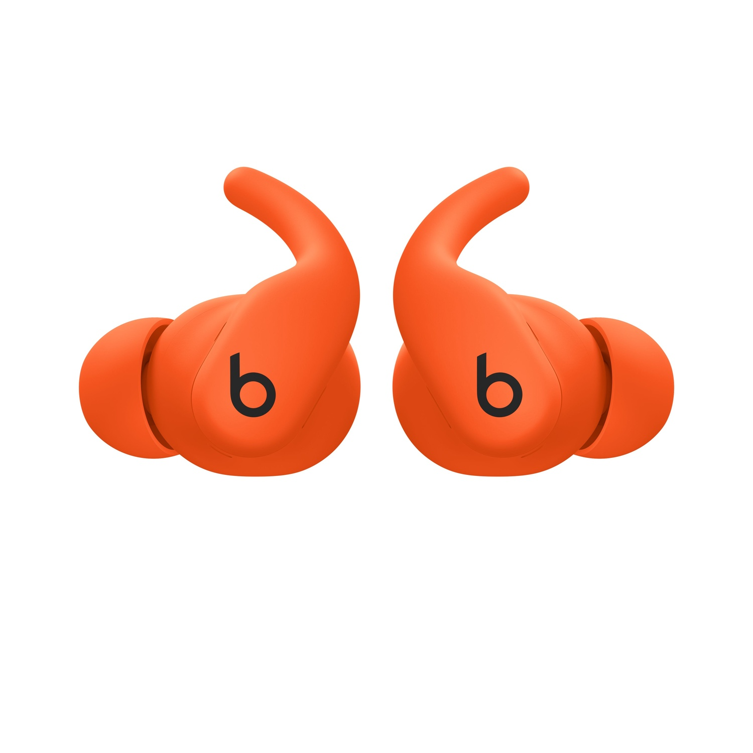Two orange Beats earbuds with the 'b' logo, set against a white background. Each earbud has an ear hook and a round ear tip.
