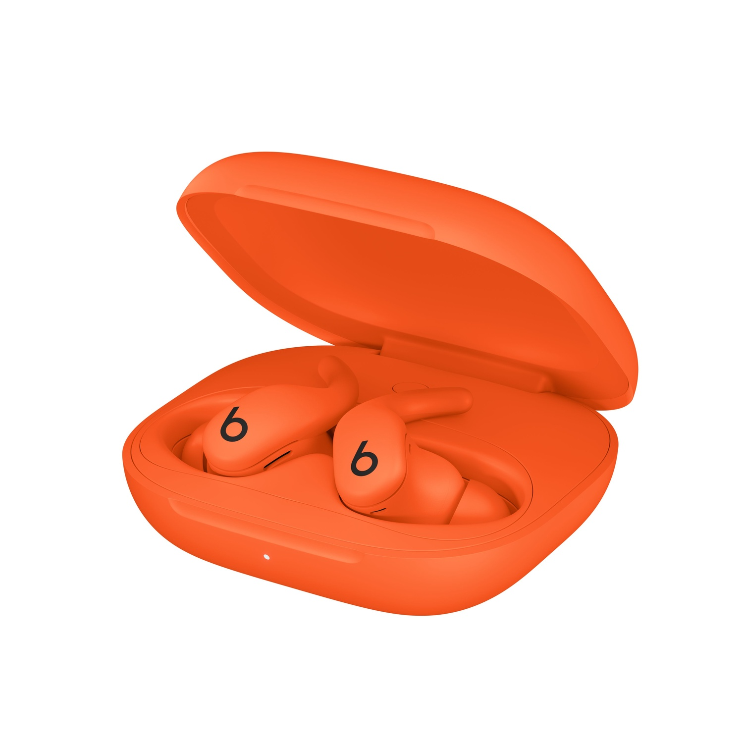 Orange Beats earbuds in an open orange case. Each bud has a black 'b' logo. The case is on a white background.