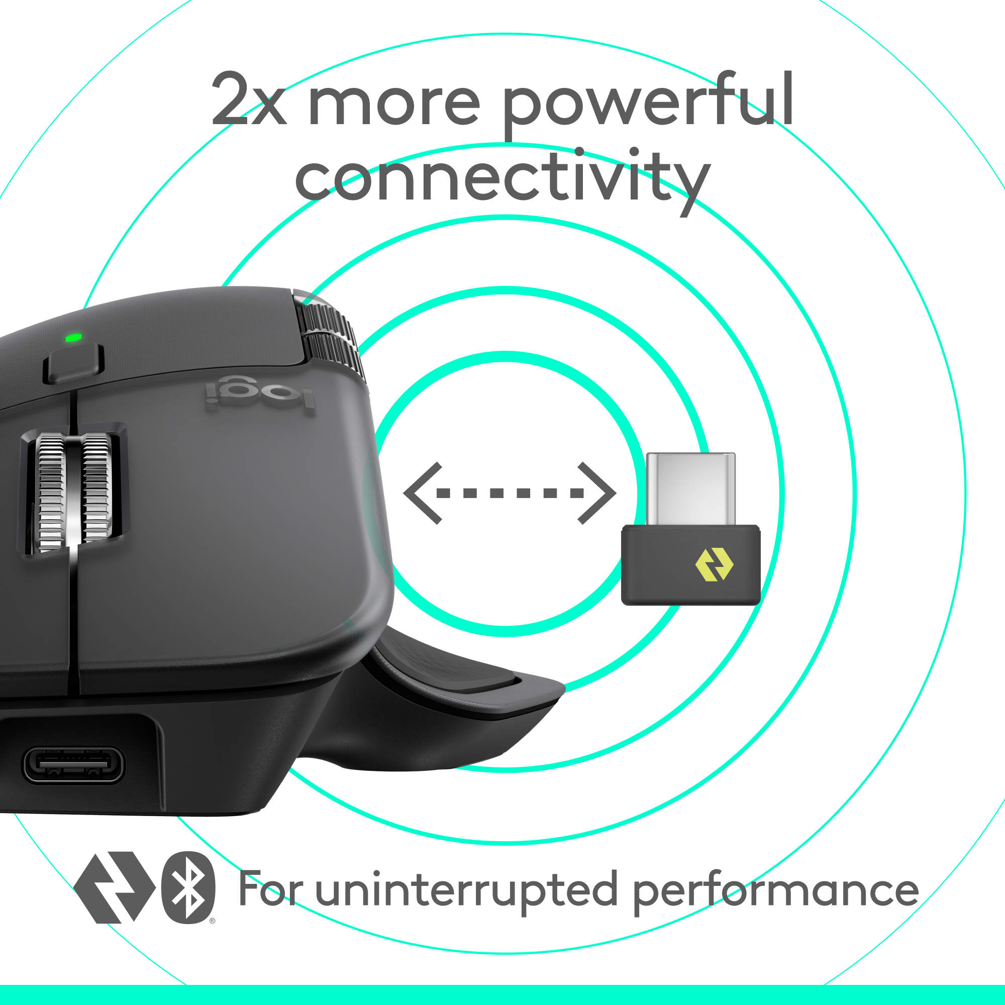 Une souris noire avec un récepteur USB, le texte indique '2x plus de connectivité' et 'Pour des performances ininterrompues'.