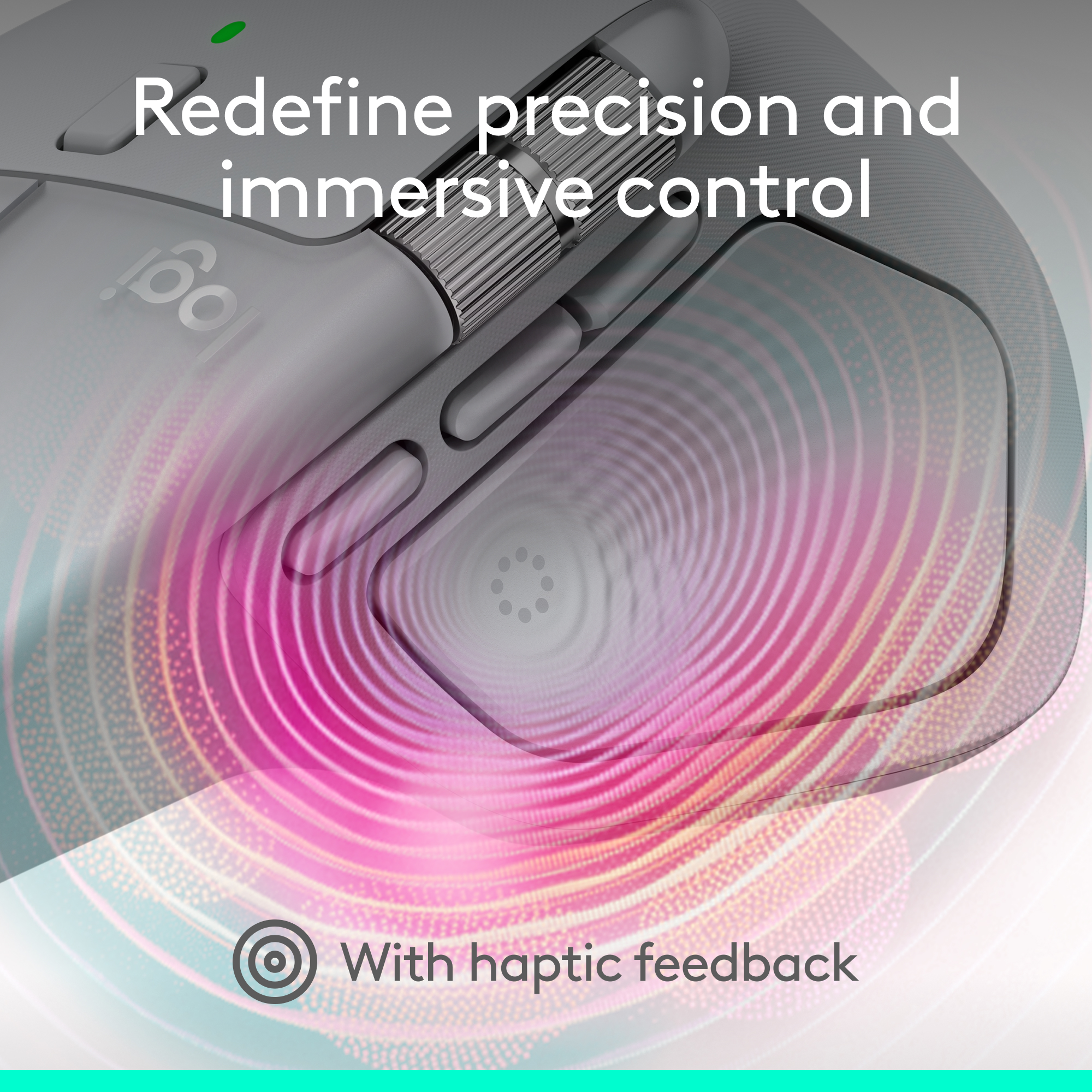 Graue Computermaus mit Text 'Redefine precision and immersive control'. Rosa und weiße Grafik mit haptischem Feedback.