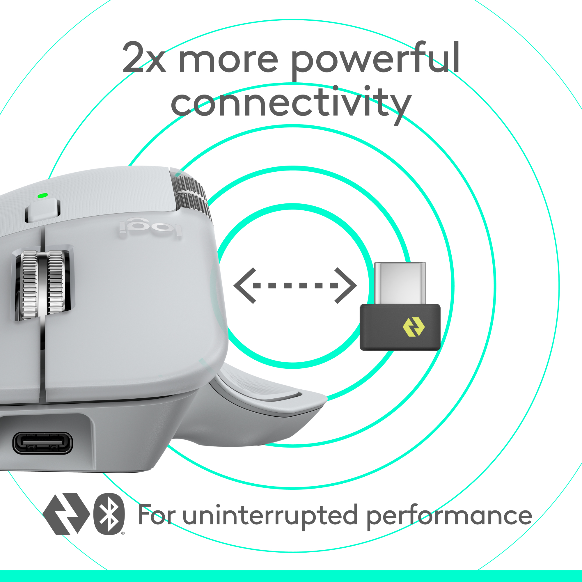 Weiße Maus mit USB-Empfänger, Text sagt '2x mehr Konnektivität' und 'Für unterbrechungsfreie Leistung'.