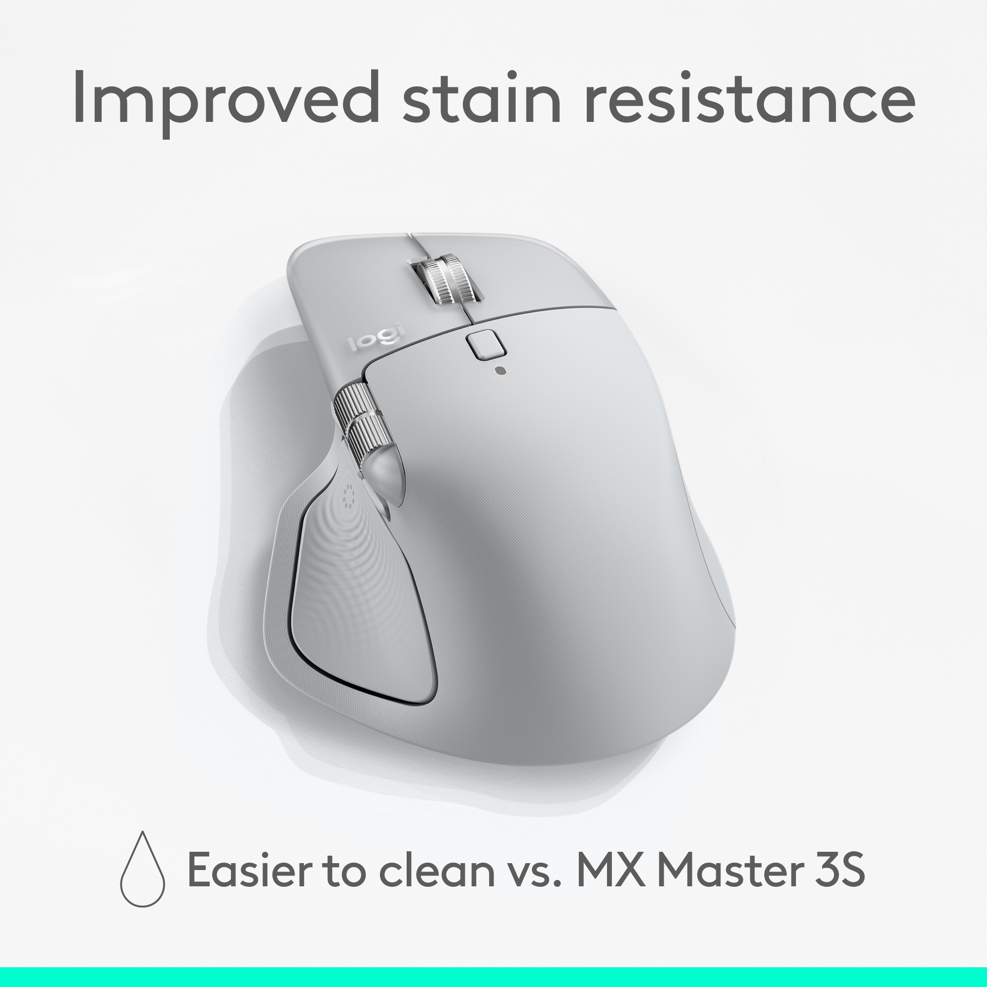 Eine hellgraue Logitech-Maus. Text: Verbesserte Fleckenbeständigkeit. Leichter zu reinigen als MX Master 3S. Weißer Hintergrund.