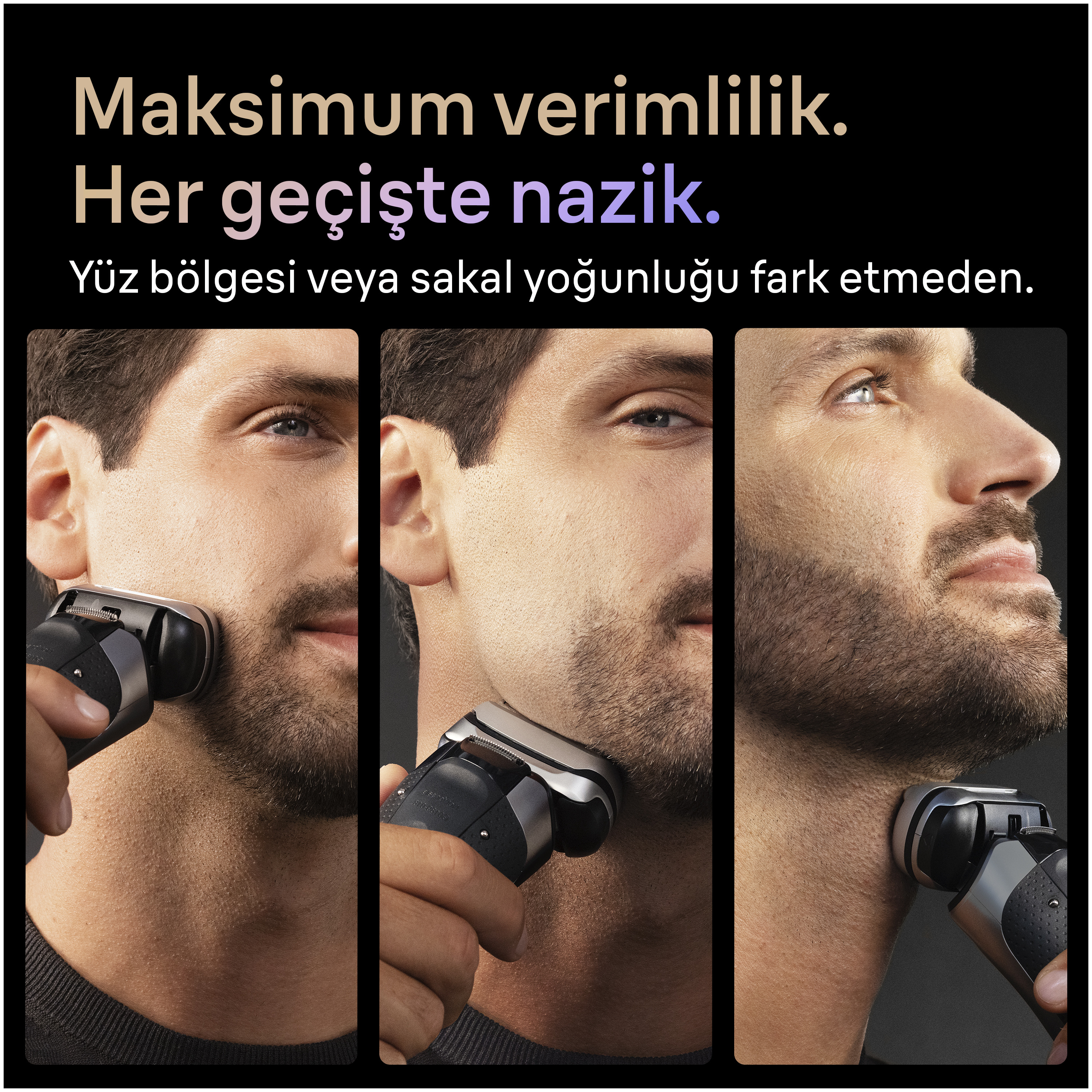 Bir adam elektrikli tıraş makinesiyle yüzünü tıraş ediyor. Görüntü, tıraşın farklı açılarından oluşan bir triptiktir.