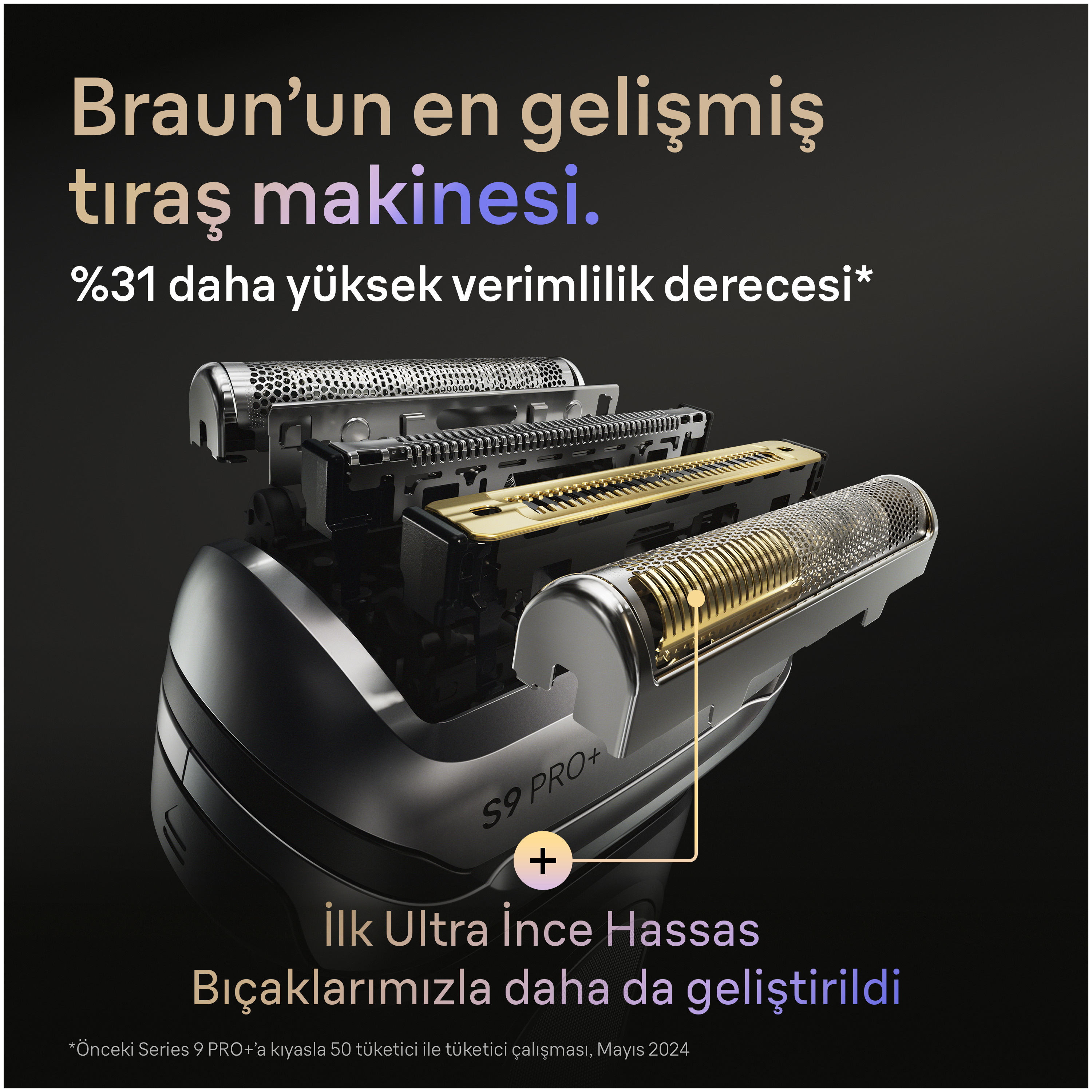 Braun Series 9 Pro+ tıraş makinesinin yakın çekimi, bıçakları ve metin gösteriyor. Siyah zemin, metalik gümüş ve altın renkleri.