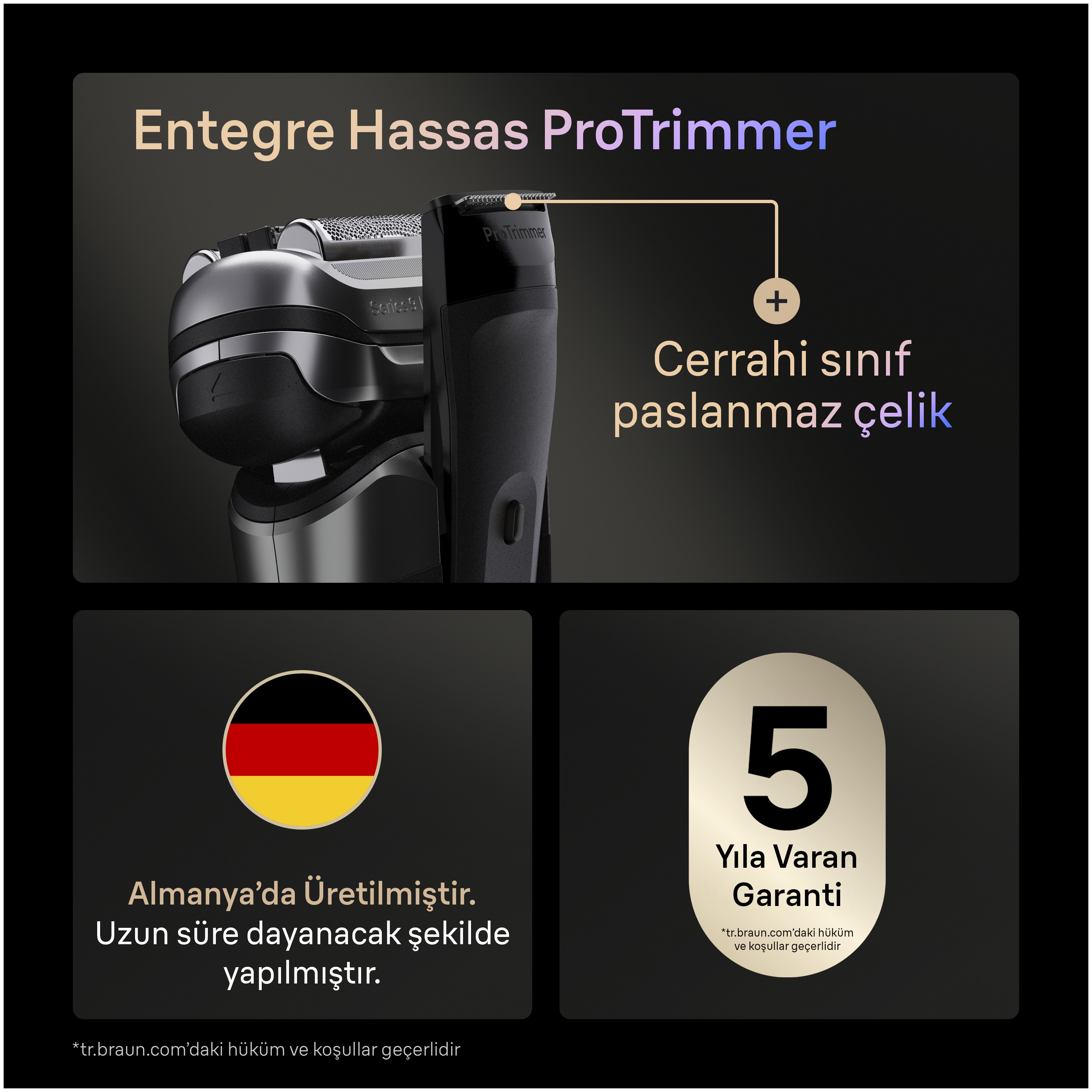 Bir ProTrimmer reklamı. Almanca metin, bir tıraş makinesi görüntüsü ve 5 yıl garanti içerir.
