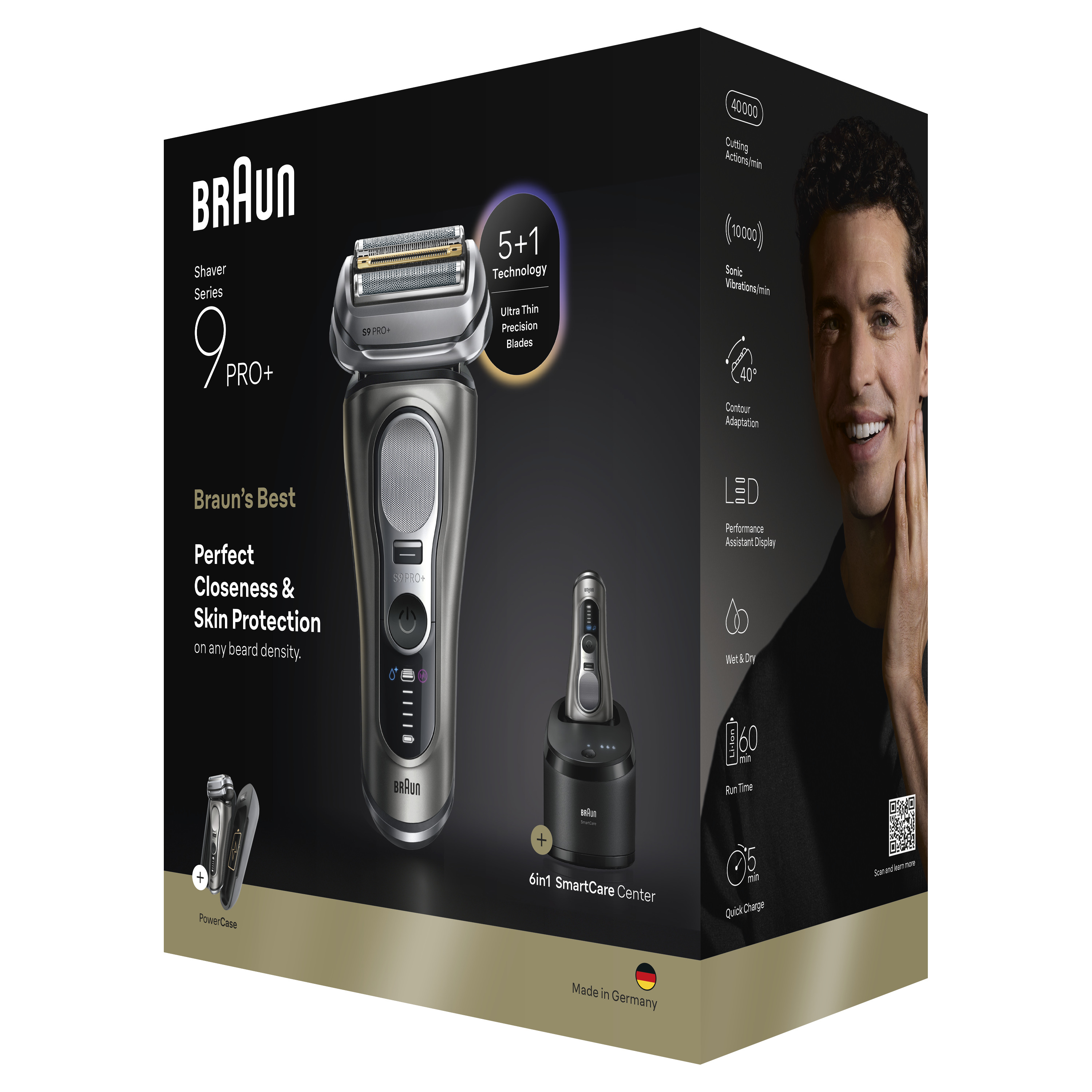 Braun Series 9 Pro+ tıraş makinesi kutusu. Özellikler arasında bir adam, tıraş makinesi, şarj istasyonu ve ürün hakkında metin bulunur.