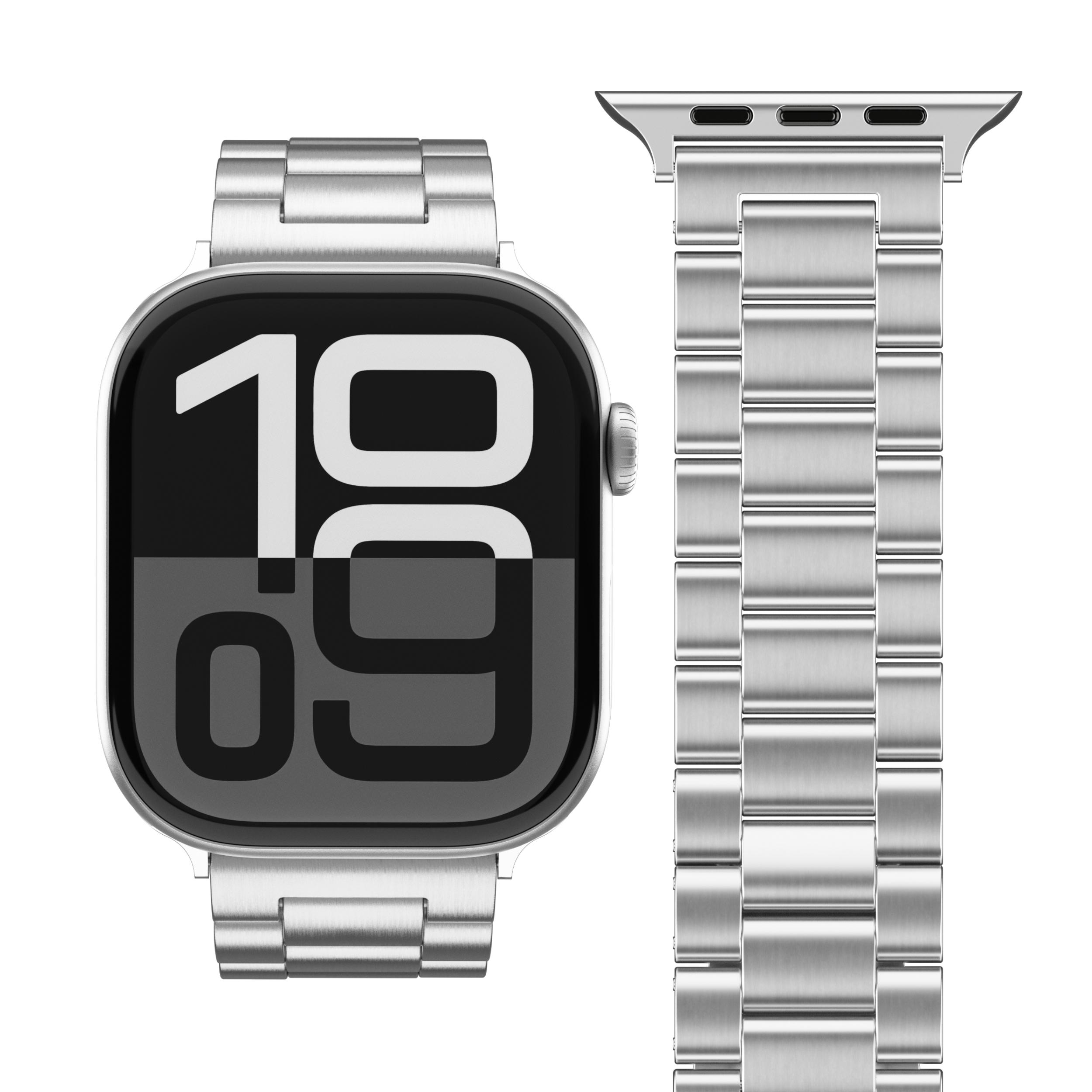 Silberne Smartwatch mit Metallarmband, zeigt 19:09 auf schwarzem Bildschirm. Teile des Armbands sind abgetrennt.