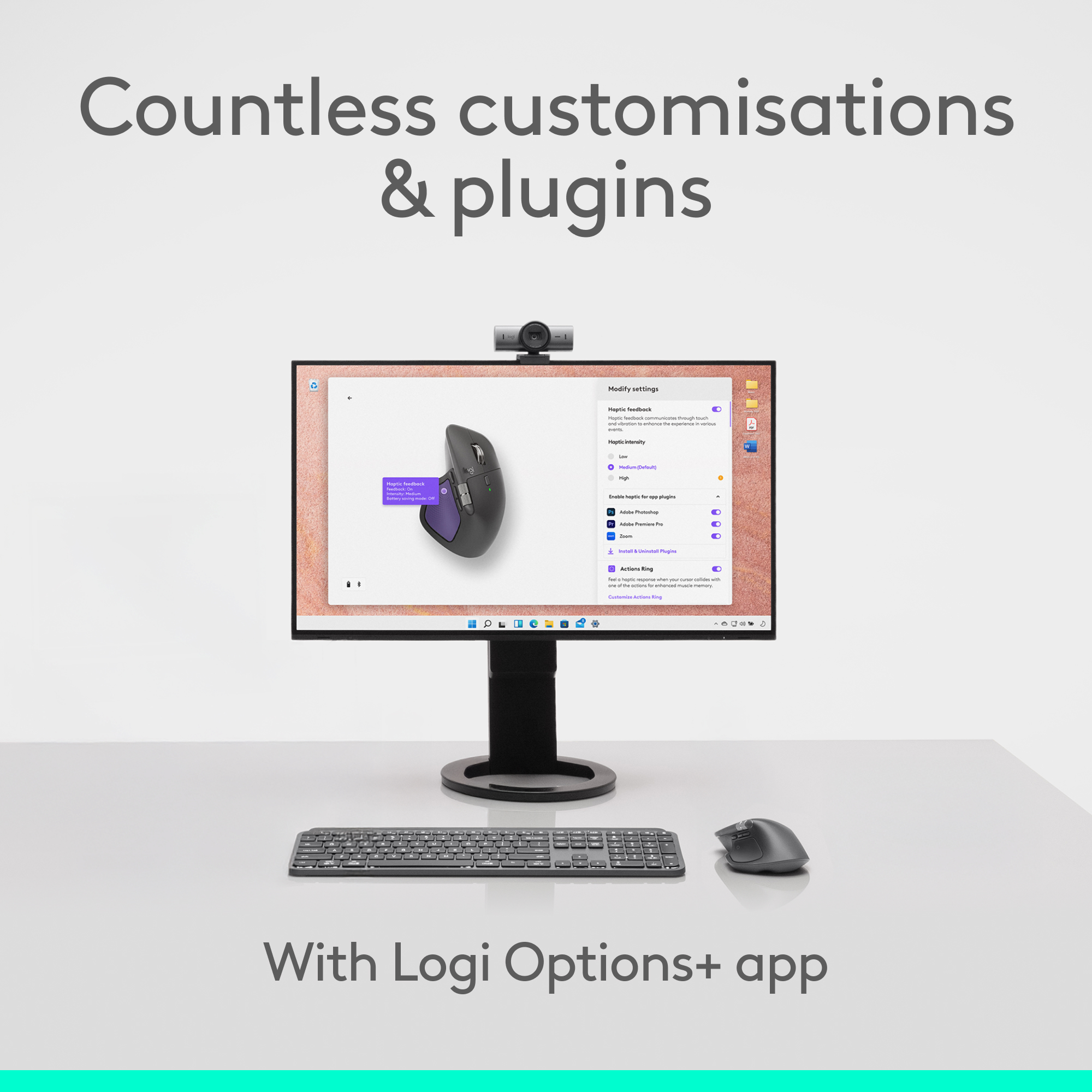 Une configuration informatique avec un moniteur affichant les paramètres de la souris, du clavier et de la webcam. Le texte indique 'Countless customisations & plugins'.