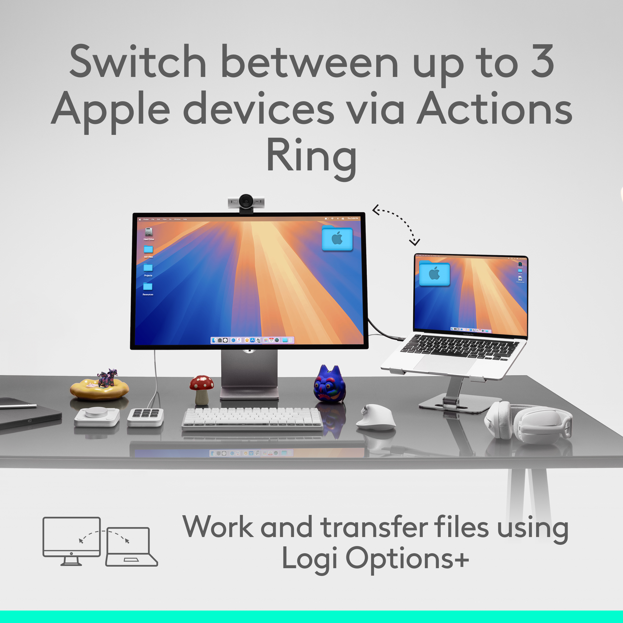 Un bureau avec un moniteur, un ordinateur portable et des accessoires. Le texte mentionne les appareils Apple.