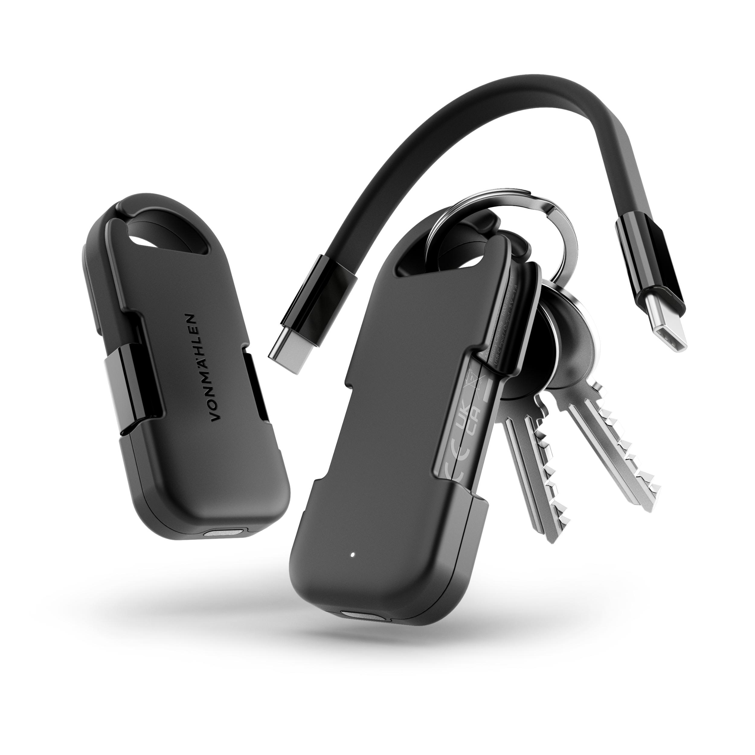 Schwarzes USB-C-Kabel mit zwei schwarzen Geräten, eines mit Schlüsseln. Das Gerät hat den Markennamen VONMÄHLEN.