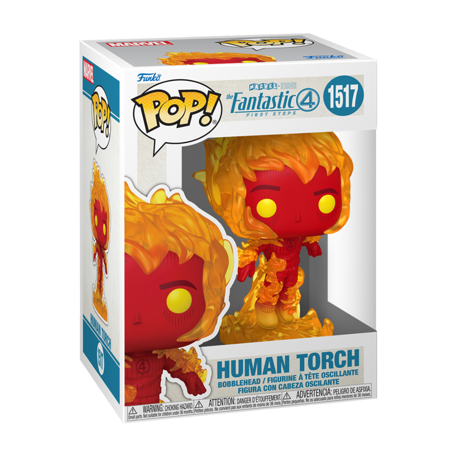 Una scatola Funko Pop di Human Torch. La figura è rossa con fiamme e occhi gialli. La scatola ha il logo dei Fantastici Quattro.