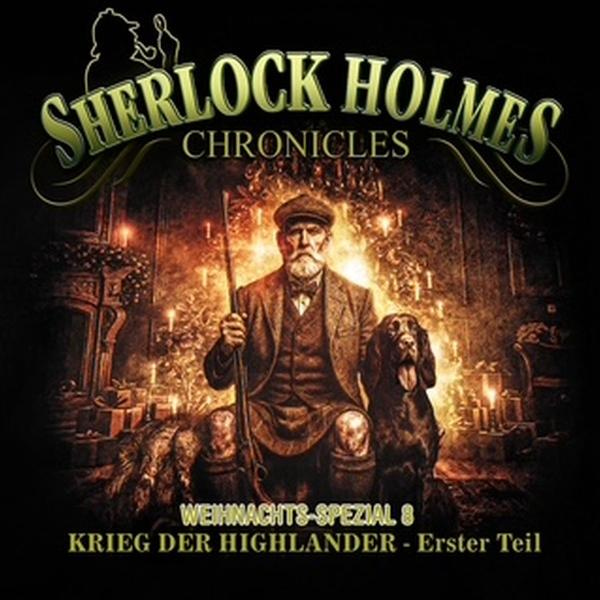 Illustration für Sherlock Holmes. Er sitzt mit einem Hund und hält ein Gewehr. Der Hintergrund zeigt einen Kamin, brennende Kerzen und Text.