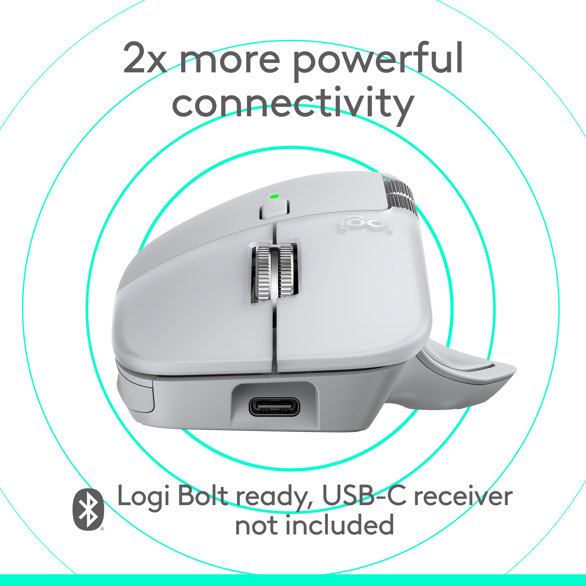 Une souris Logitech blanche avec des accents argentés, texte : 'connectivité 2x plus puissante'.