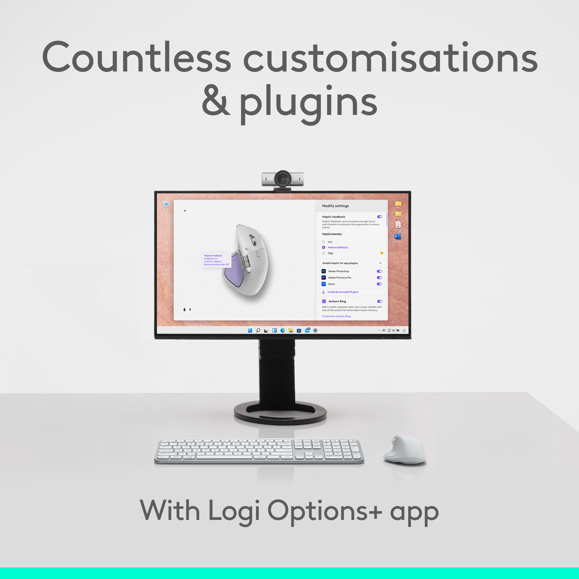 Configuration informatique avec un moniteur affichant les paramètres de la souris. Clavier, souris et webcam sont également visibles.
