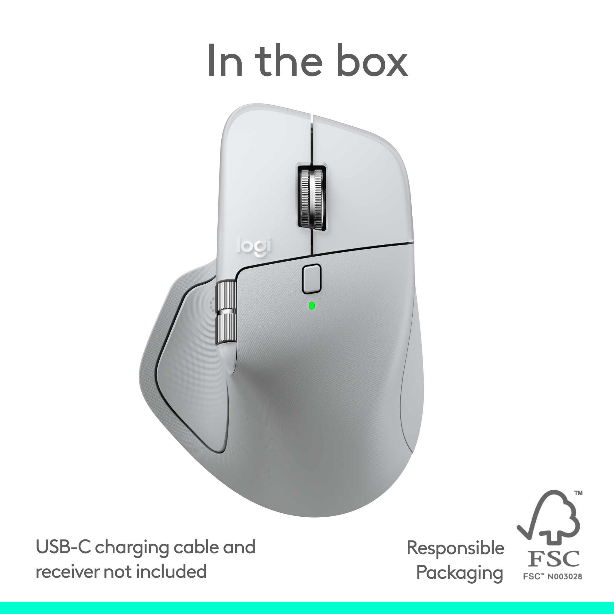 Une souris Logitech blanche est présentée. Elle possède une molette de défilement et des boutons. L'emballage indique que le câble USB-C n'est pas inclus.
