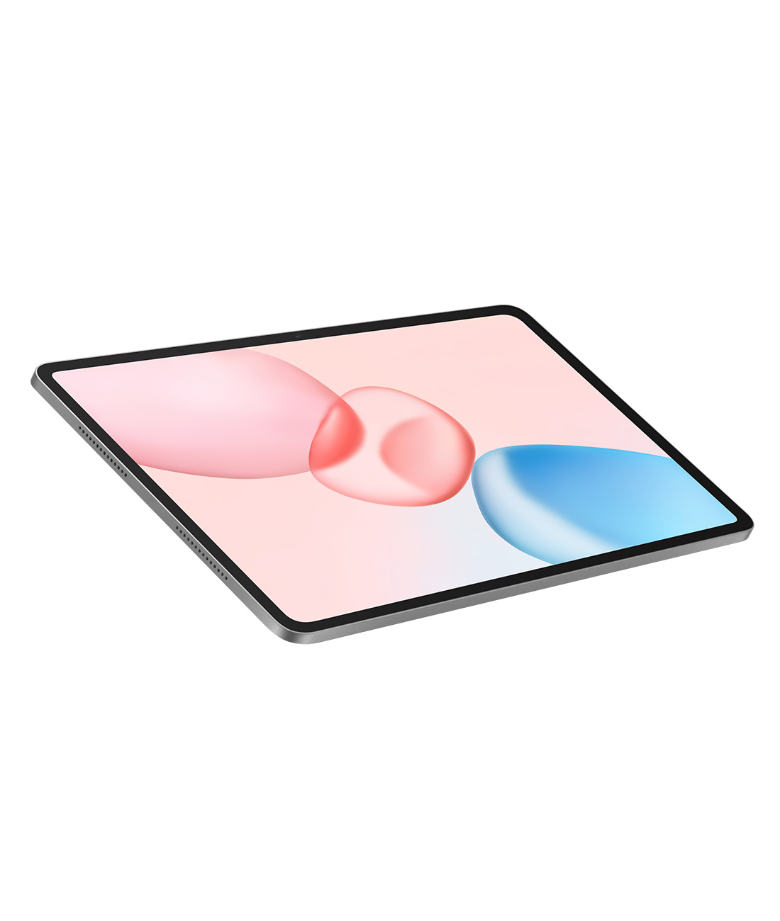 Gümüş çerçeveli bir tablet. Ekran, açık pembe bir arka plan üzerinde pembe, kırmızı ve mavi soyut şekiller sergiliyor.