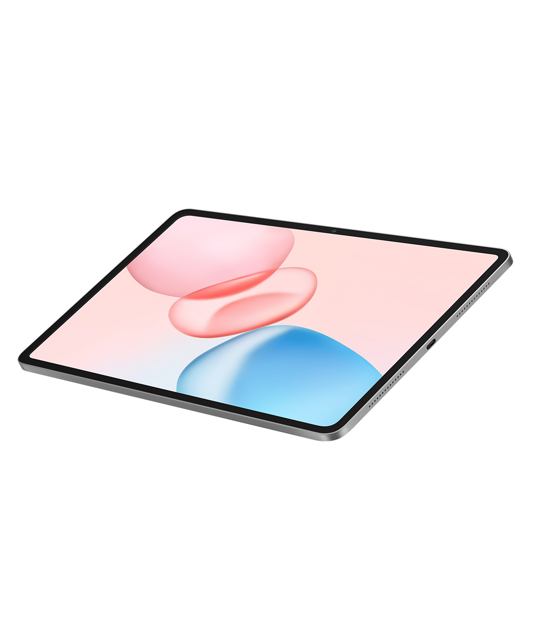 Beyaz bir arka plan üzerinde, pembe, kırmızı ve mavi yüzen şekillerin pastel bir görüntüsünü gösteren bir tablet. Tablet, siyah çerçeveli gri renktedir.