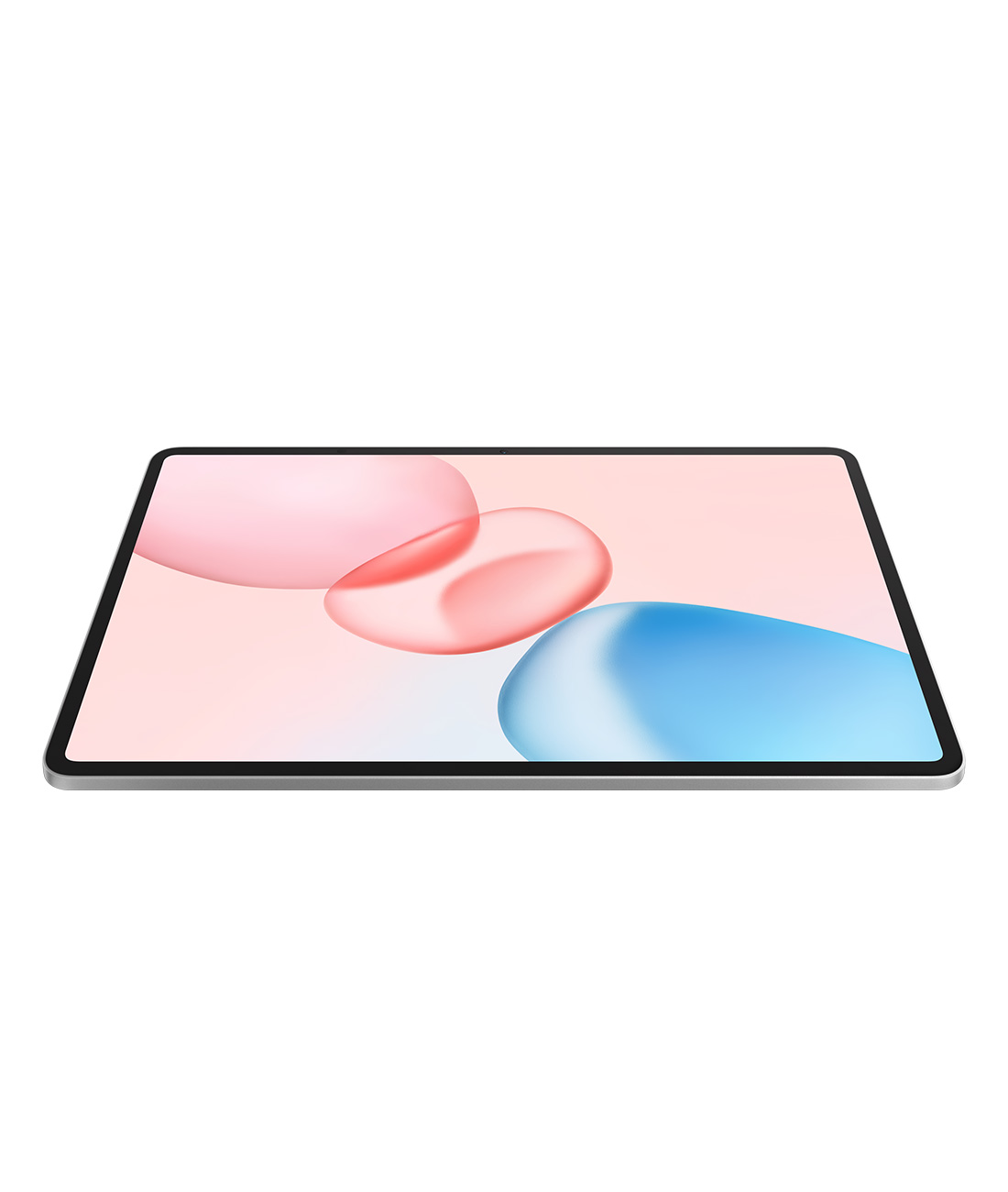 Bir tablet düz duruyor, pembe ve mavi soyut bir tasarım sergiliyor. Tabletin gümüş bir çerçevesi ve ekranın etrafında siyah bir çerçevesi var.