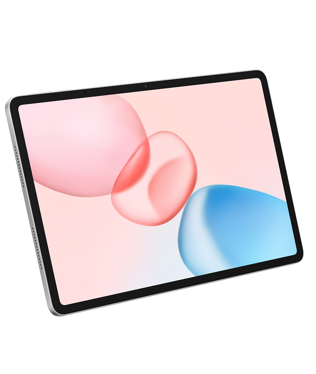 Siyah çerçeveli gümüş bir tablet, beyaz zemin üzerinde pembe ve mavi soyut şekiller sergiliyor.