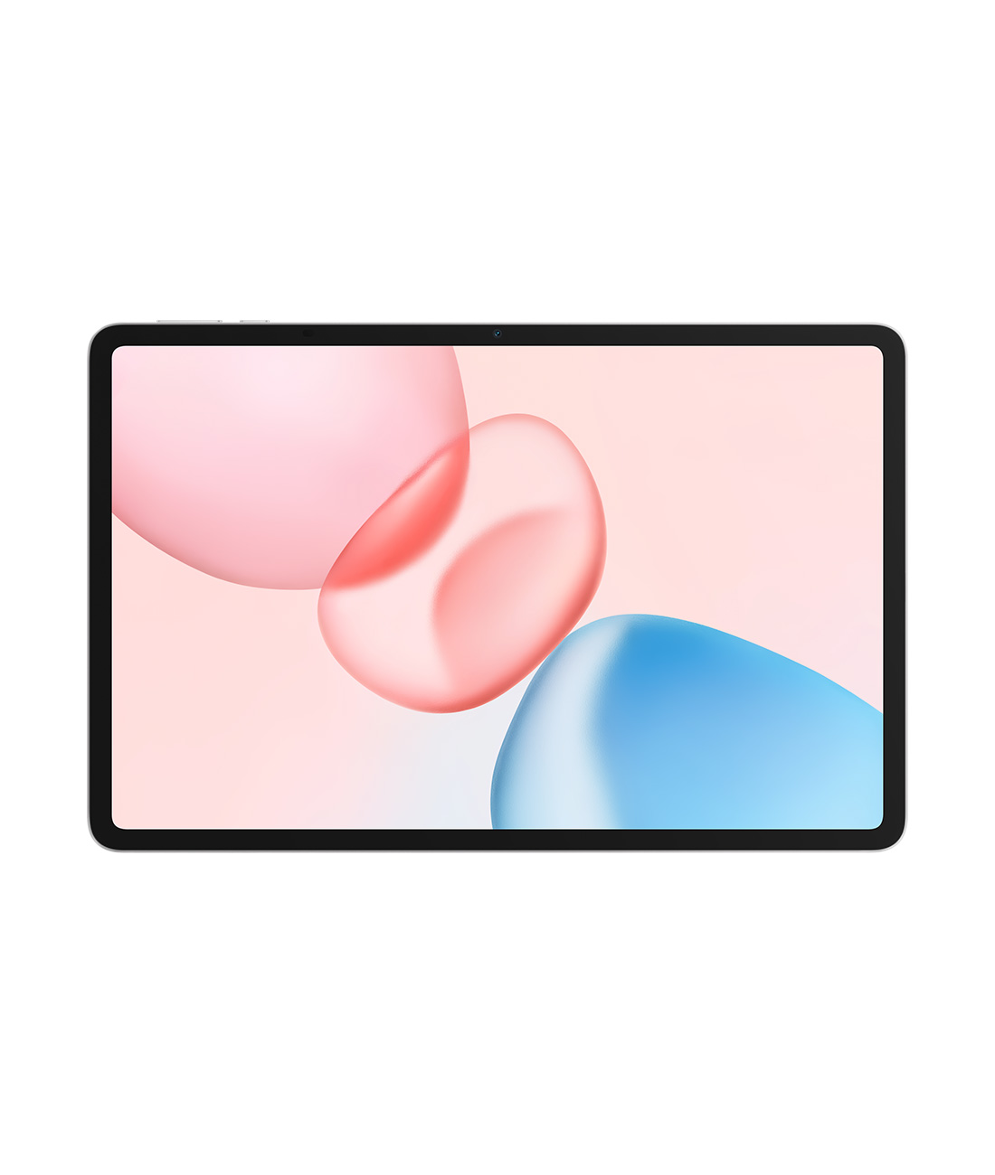Siyah çerçeveli bir tablet, soyut şekiller sergiliyor: Açık pembe bir arka plan üzerinde pembe, kırmızı ve mavi küreler.