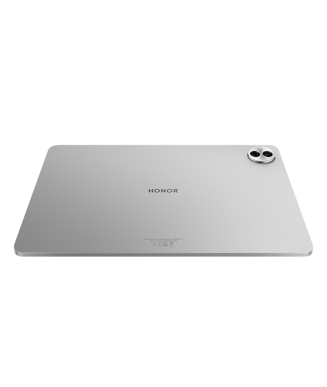 Gümüş renkli bir Honor tablet görüntüleniyor. Arkası, Honor logosunu, çift kameraları ve düzenleyici işaretleri gösteriyor.